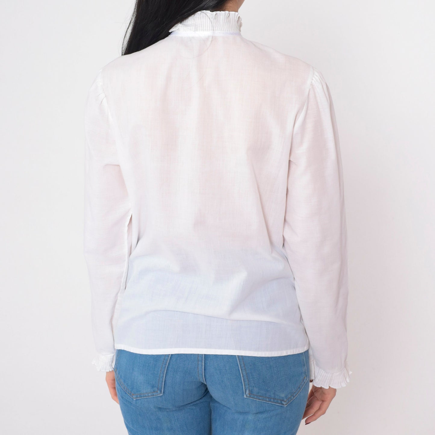 80s White Victorian Blouse Puff Sleeve High Neck Floral Embroidered Small