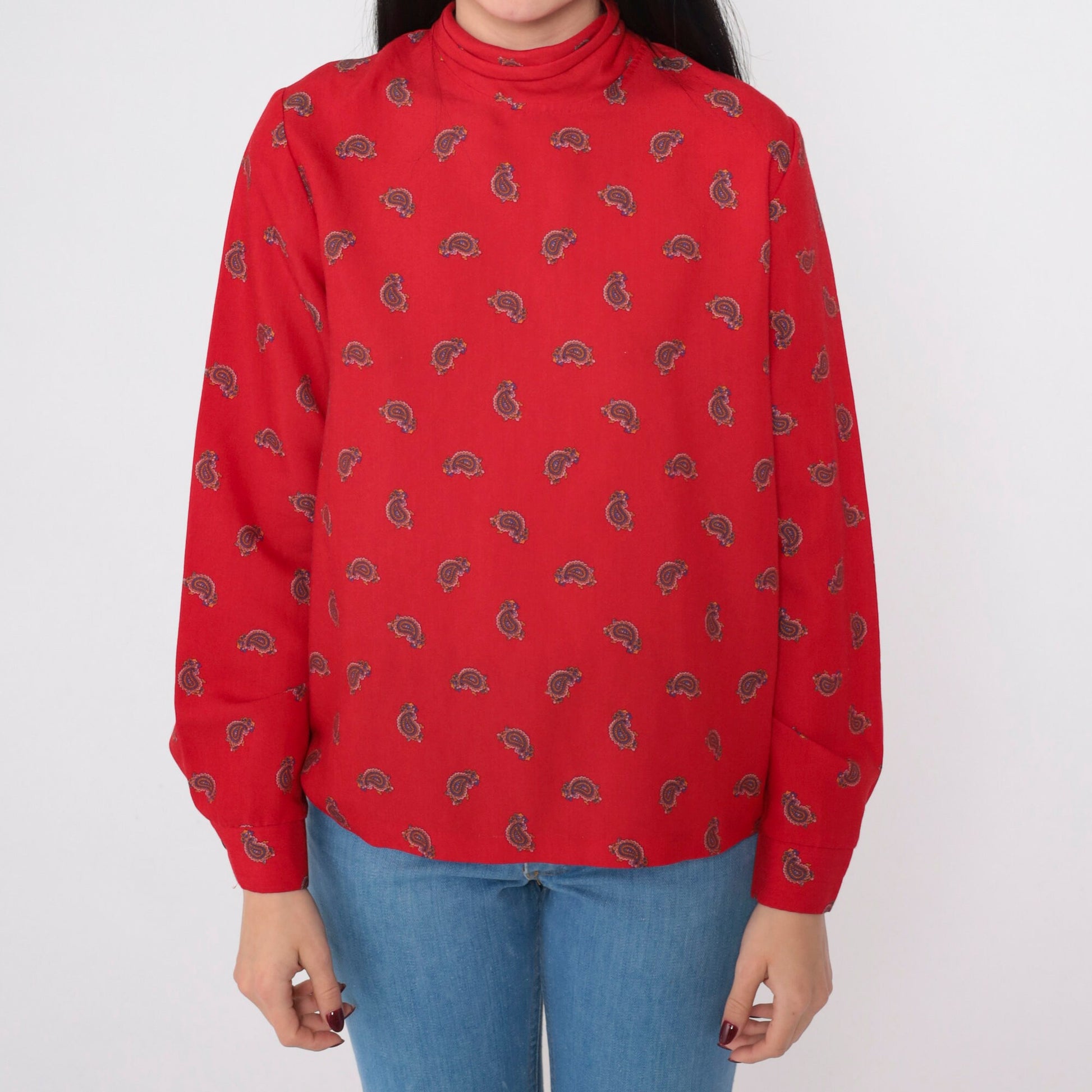 80s Red Paisley Mock Neck Blouse Back Bow Tie Long Sleeve Medium