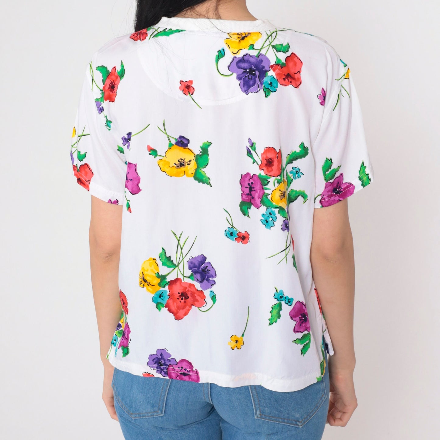 90s Carole Little Floral Beaded V-Neck T-Shirt White Graphic Tee Small S