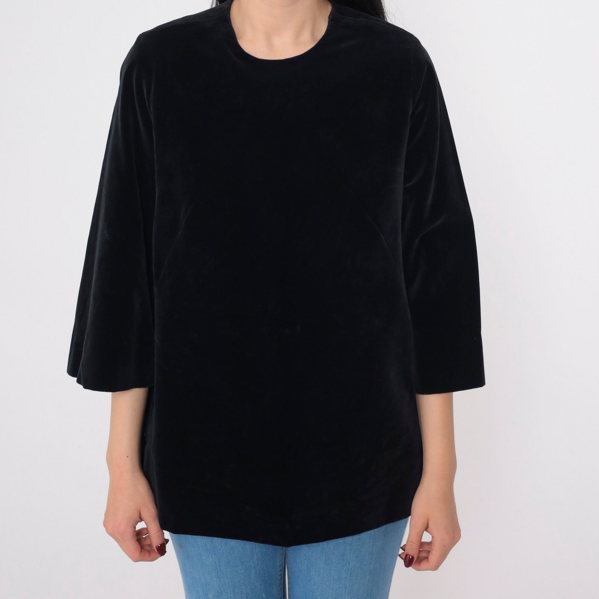 60s Black Velvet Blouse 3/4 Sleeve Rear Zip Medium
