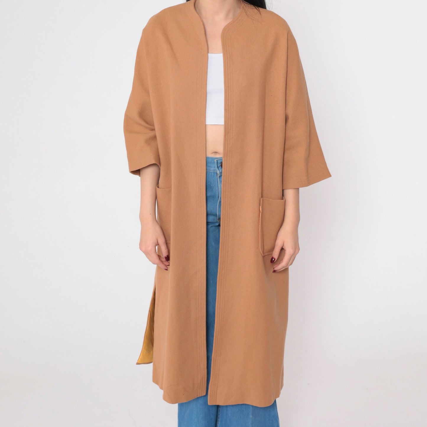 80s Tan Wool Jacket Open Front 3/4 Sleeve Longline Coat Small Medium