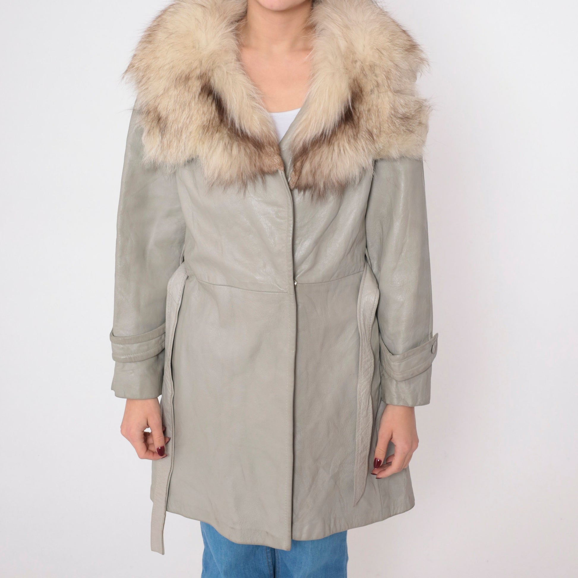 70s Light Grey Leather Jacket Faux Fur Collar Zip Belt Small