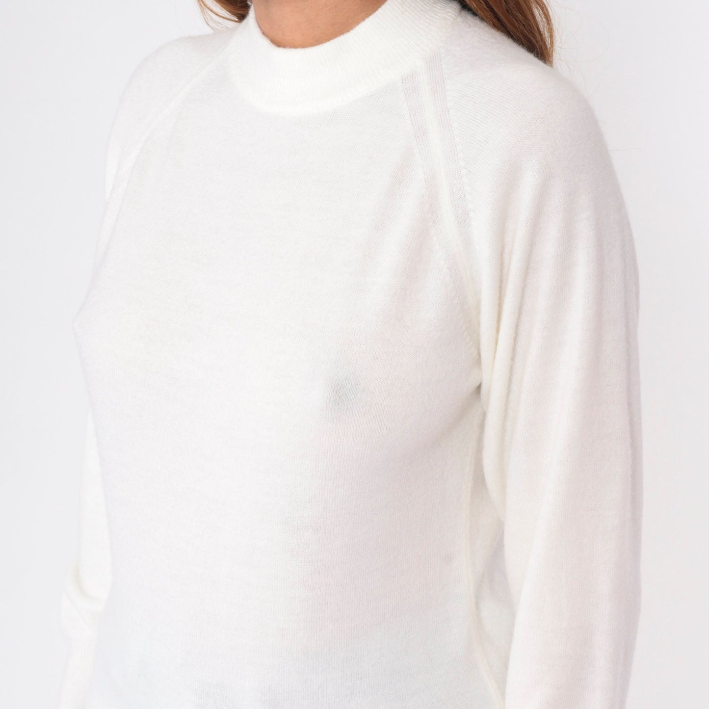 70s White Knit Sweater Mock Neck Raglan Pullover Small