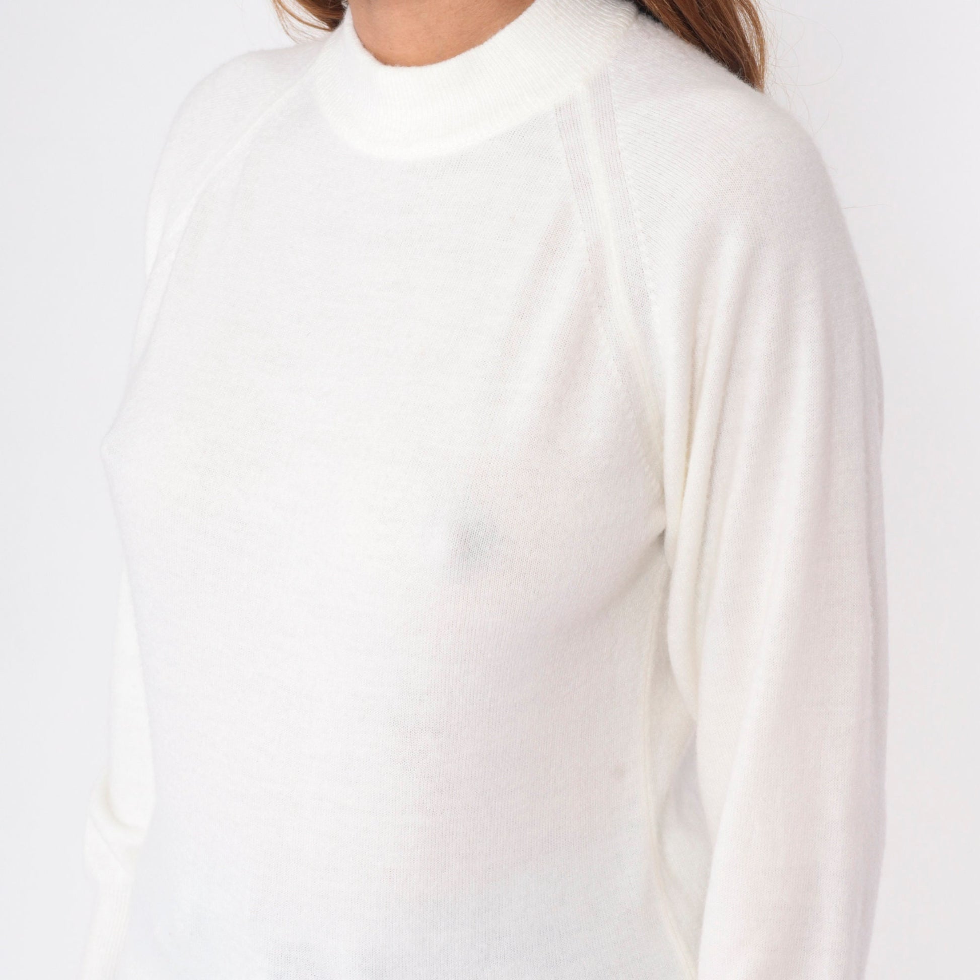 70s White Knit Sweater Mock Neck Raglan Pullover Small