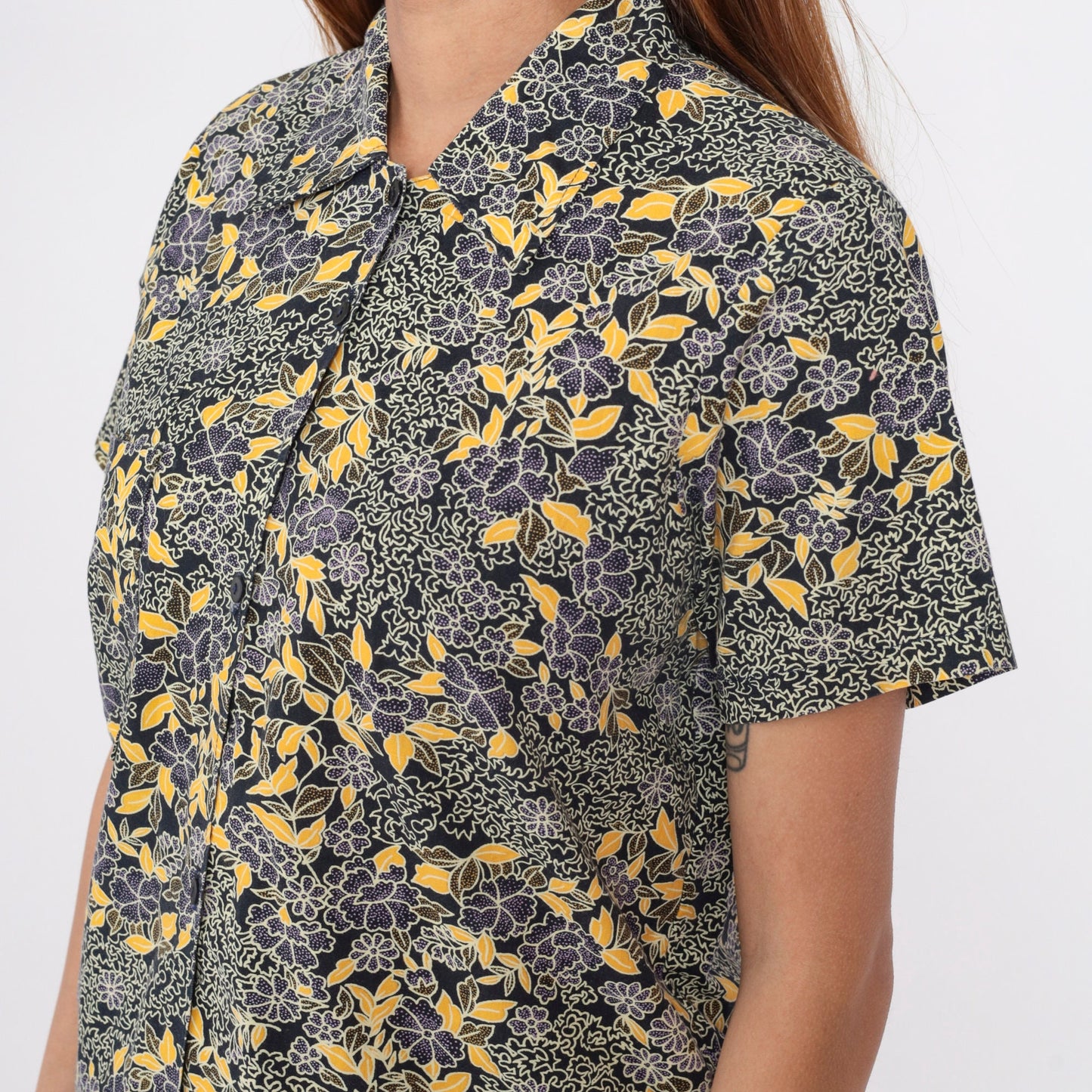 90s Black Floral Button-Up Blouse Yellow Purple Print Short Sleeve Small
