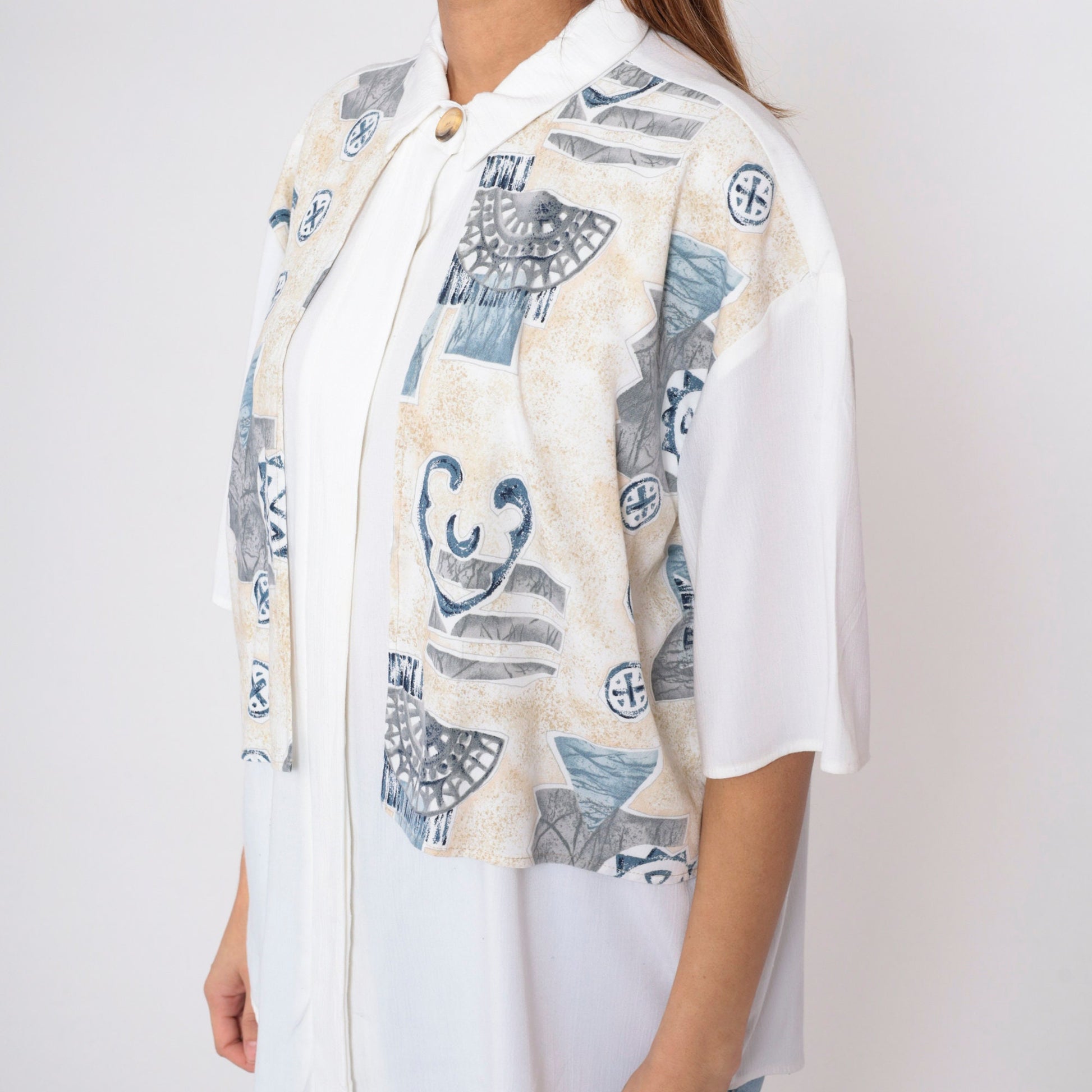 90s Geometric Button Up Shirt White Attached Vest Half Sleeve Extra Large XXL