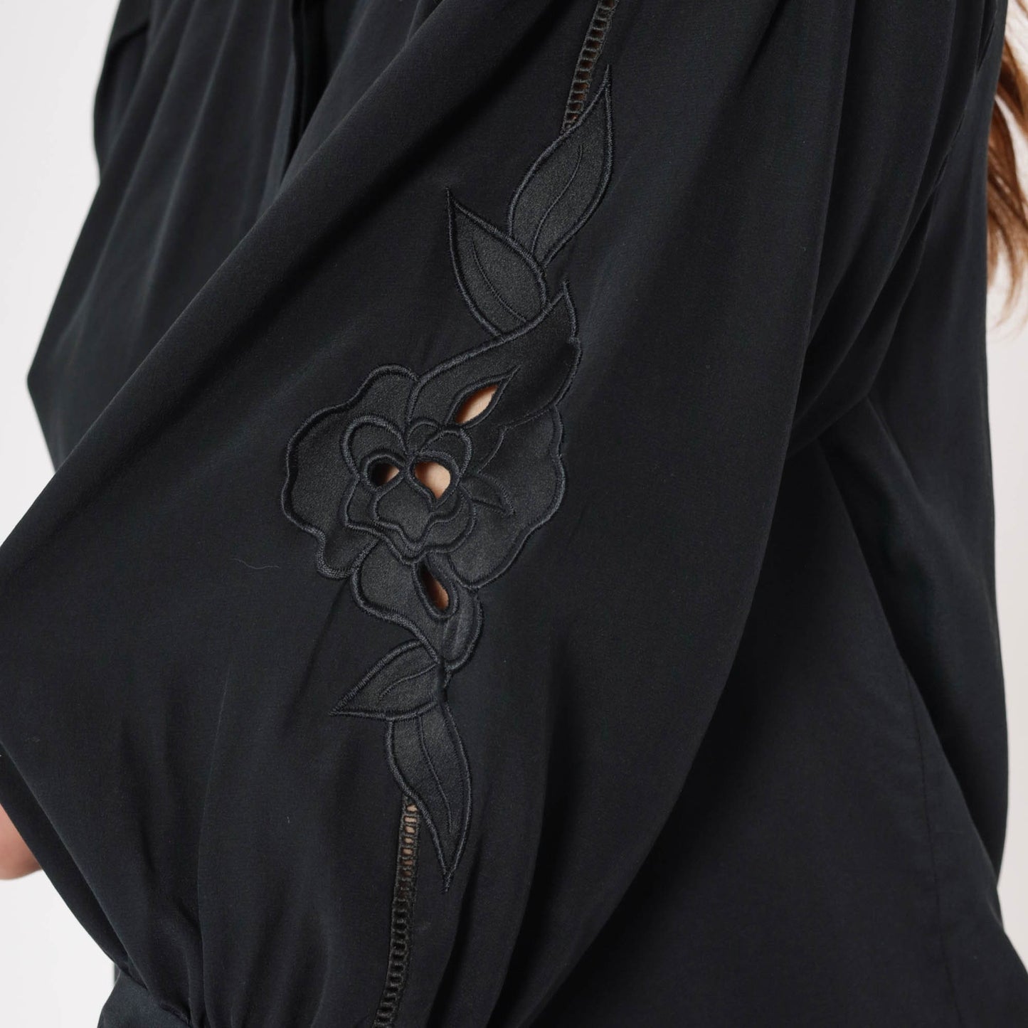 80s Black Floral Embroidered Blouse Cutout 3/4 Sleeve Button-Up Small