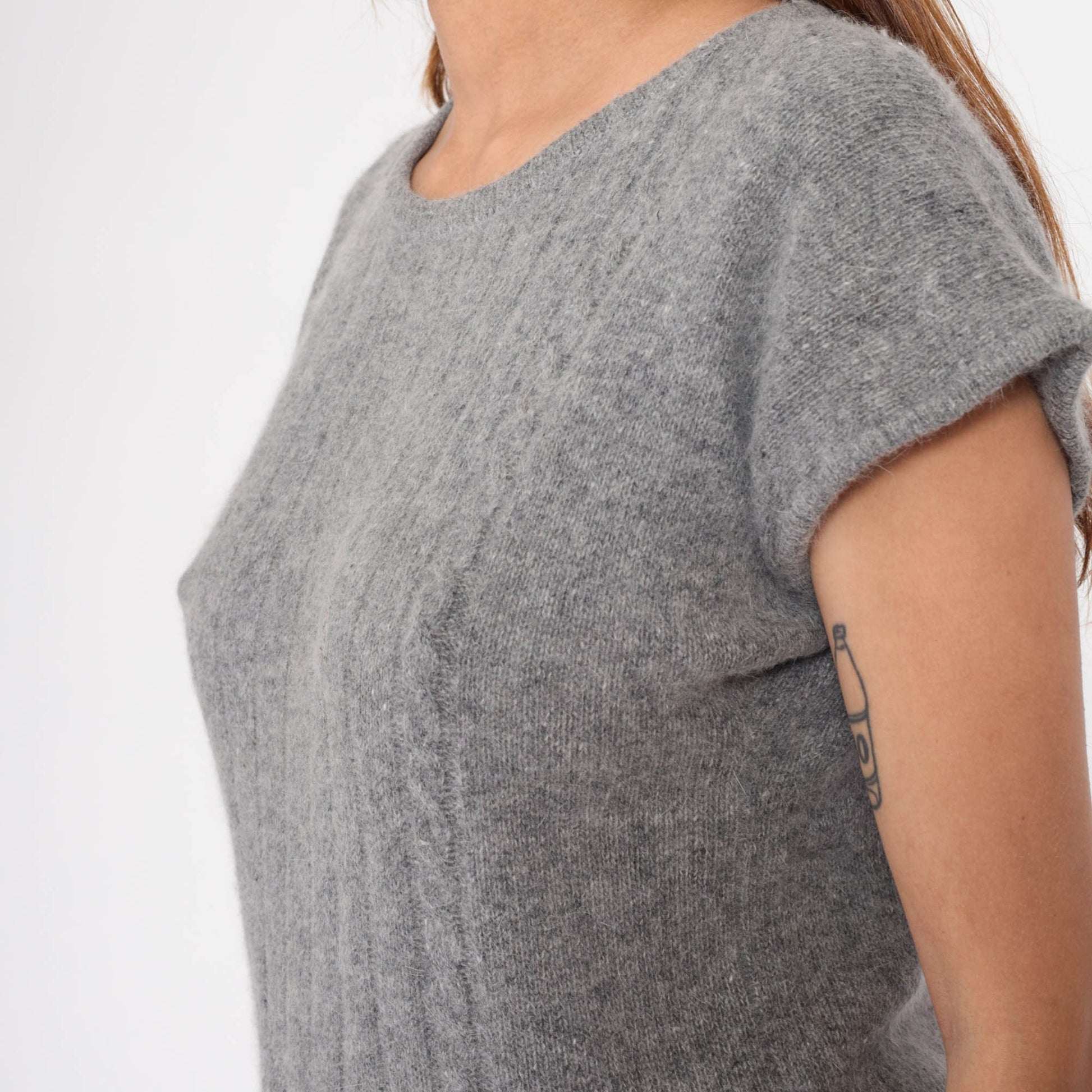 80s Grey Lambswool Angora Cap Sleeve Knit Sweater Top Small S