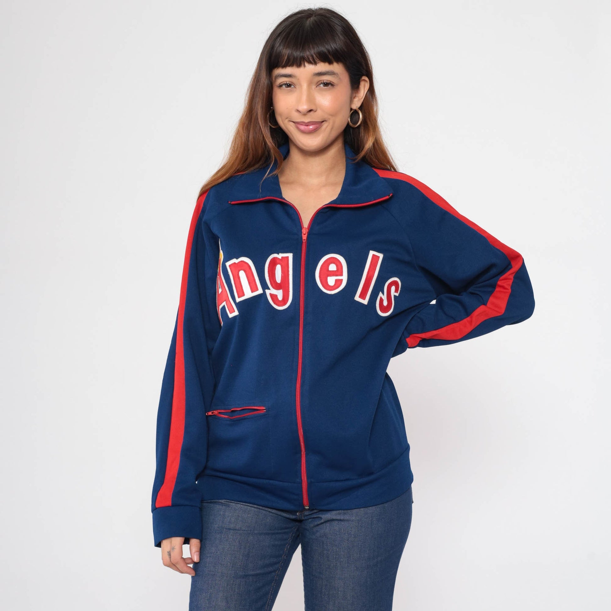 80s Los Angeles Angels Baseball Jacket Dark Blue Red Stripe Wool Blend Small