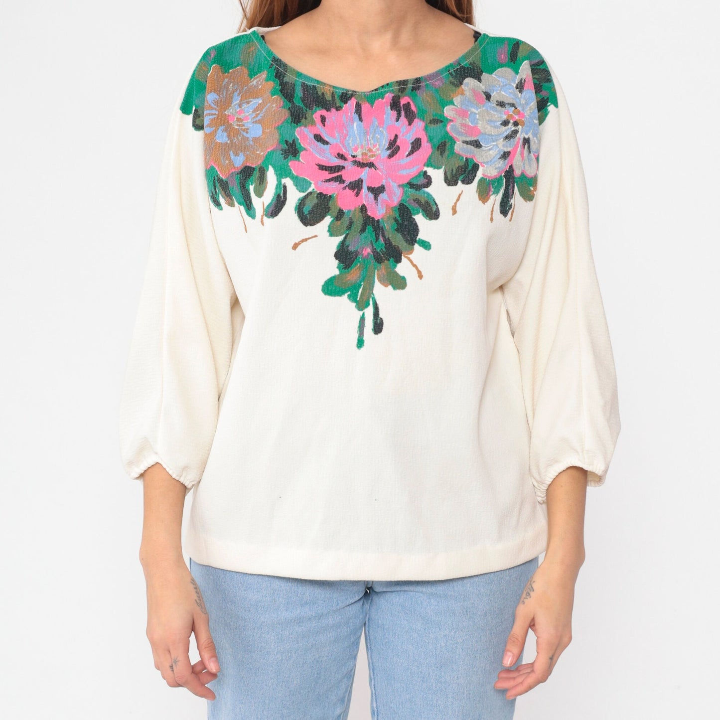 80s Cream Floral Peasant Blouse 3/4 Balloon Sleeve Painted Flower Print Large