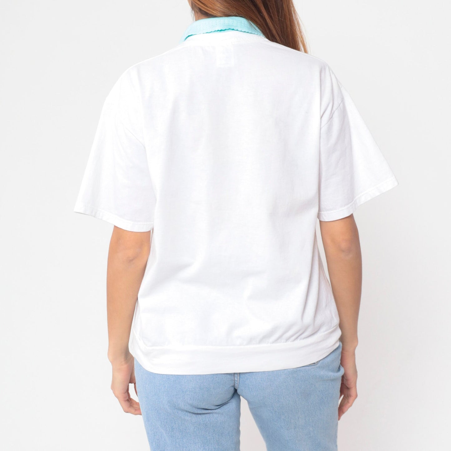 90s White Floral Collared Shirt Gold Metallic Print Blue Collar Large L
