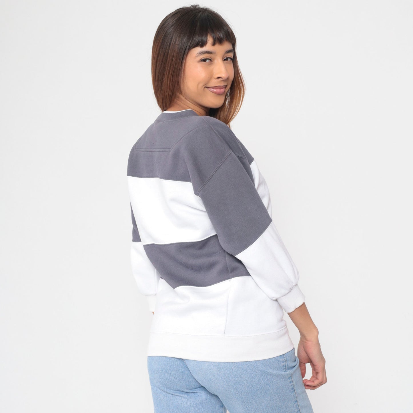 90s Striped Color Block Sweatshirt White Grey Crewneck Small