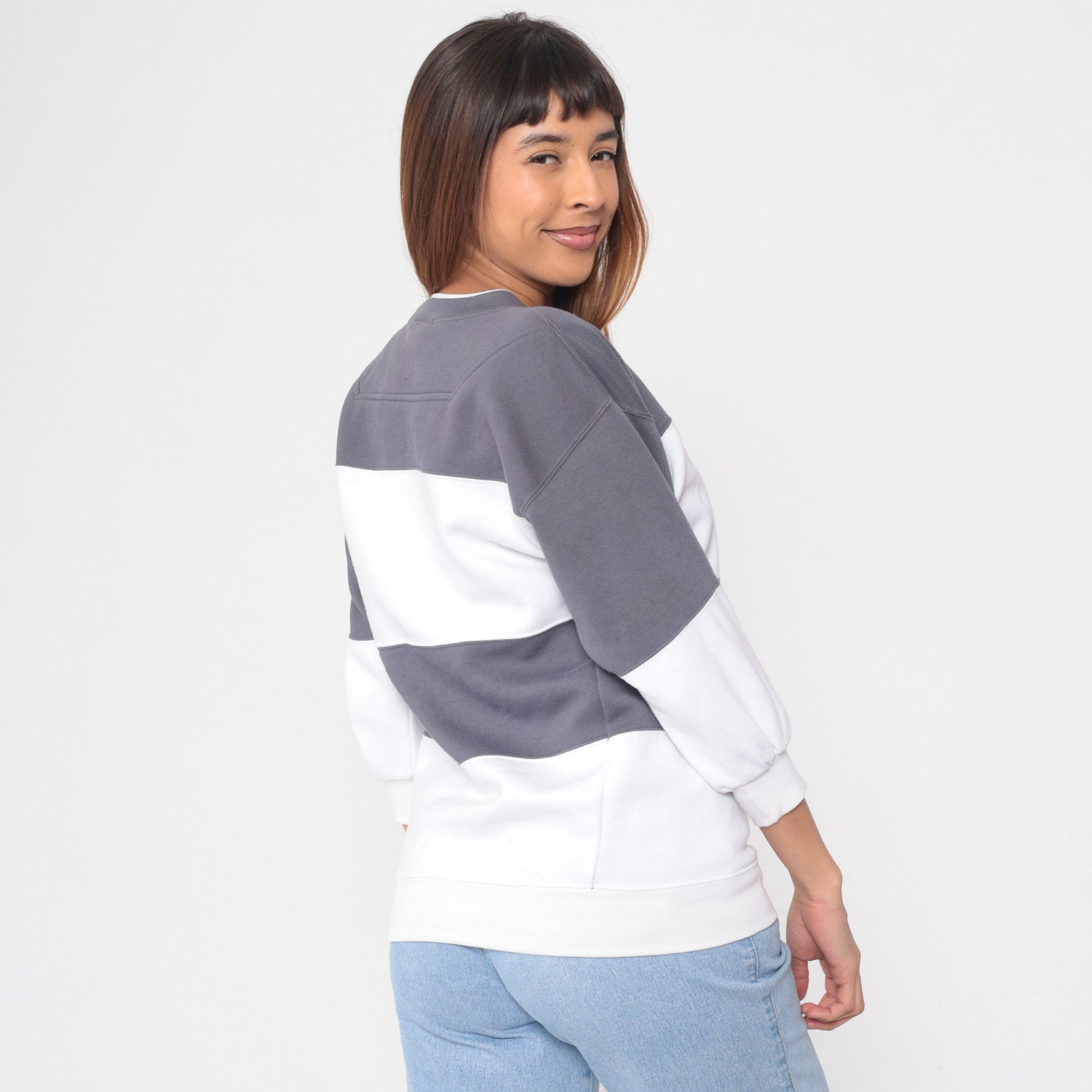 90s Striped Color Block Sweatshirt White Grey Crewneck Small
