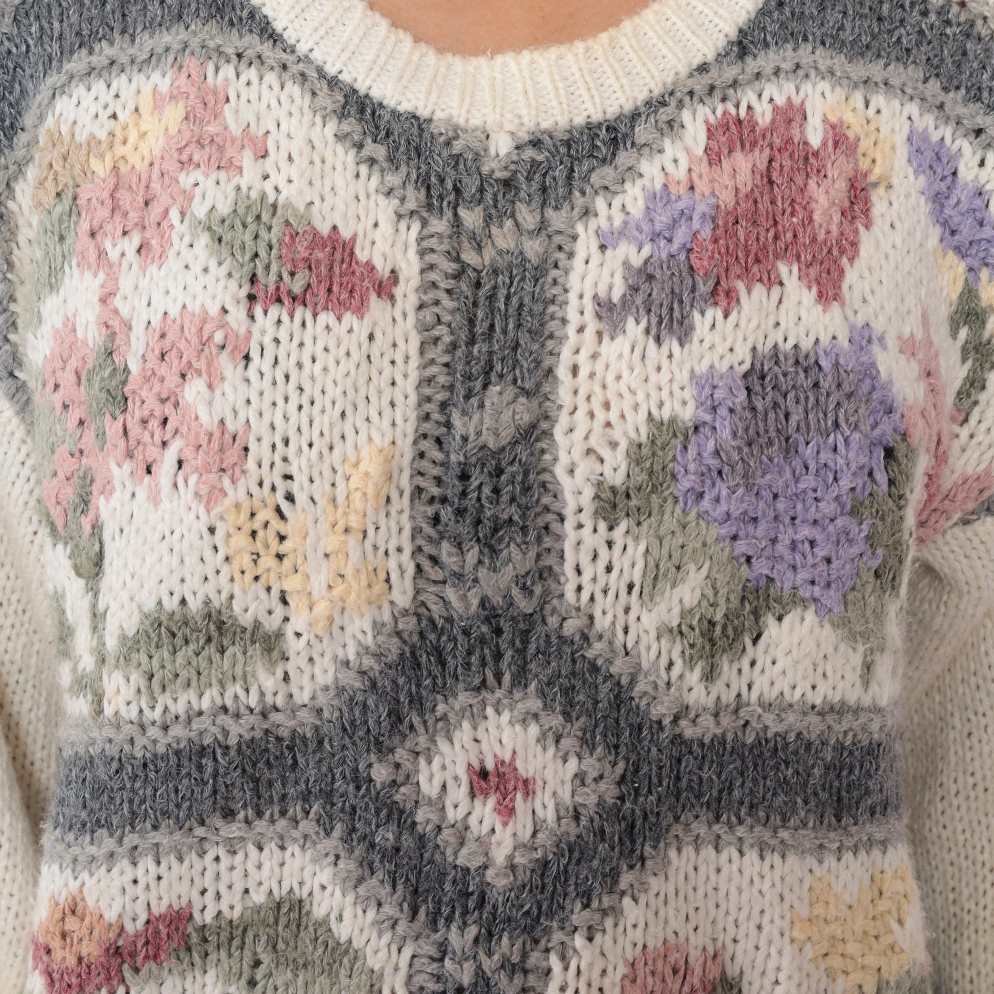 80s White Floral Knit Pullover Sweater Cotton Ramie Small S