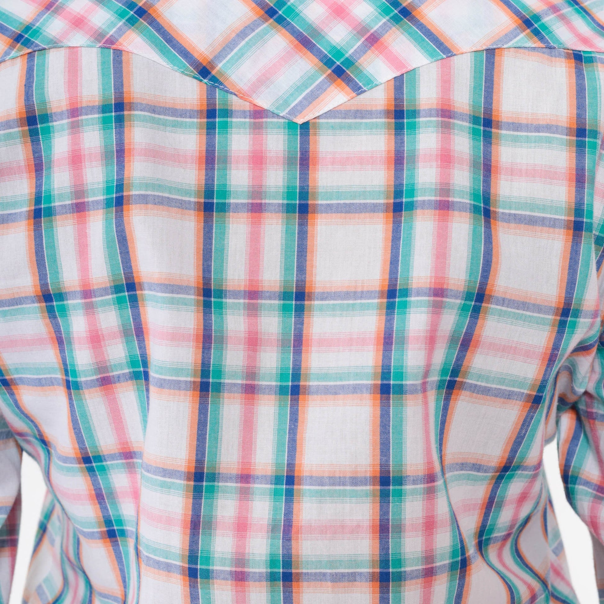 90s Wrangler Western Shirt Pearl Snap Plaid White Blue Pink Small Petite