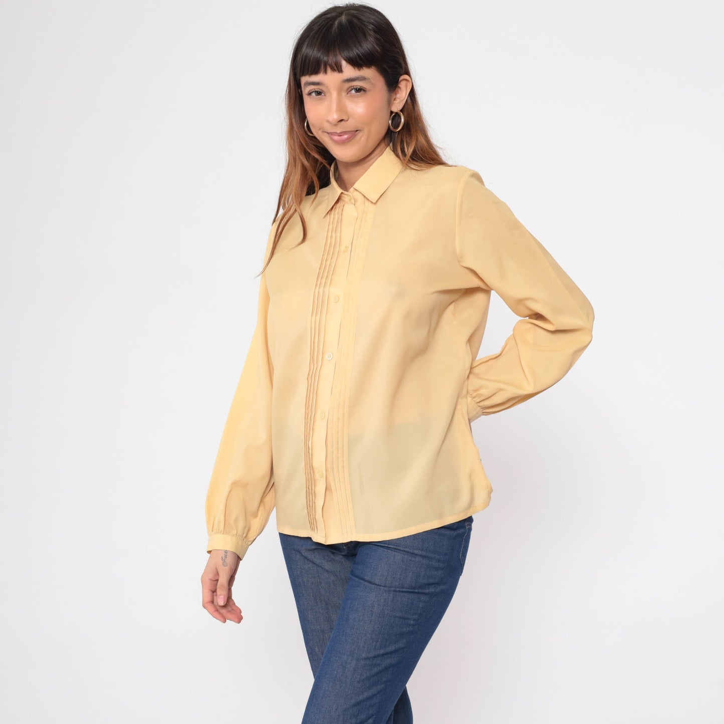 80s Yellow Pleated Button-Up Blouse Long Sleeve Collared Shirt Large L