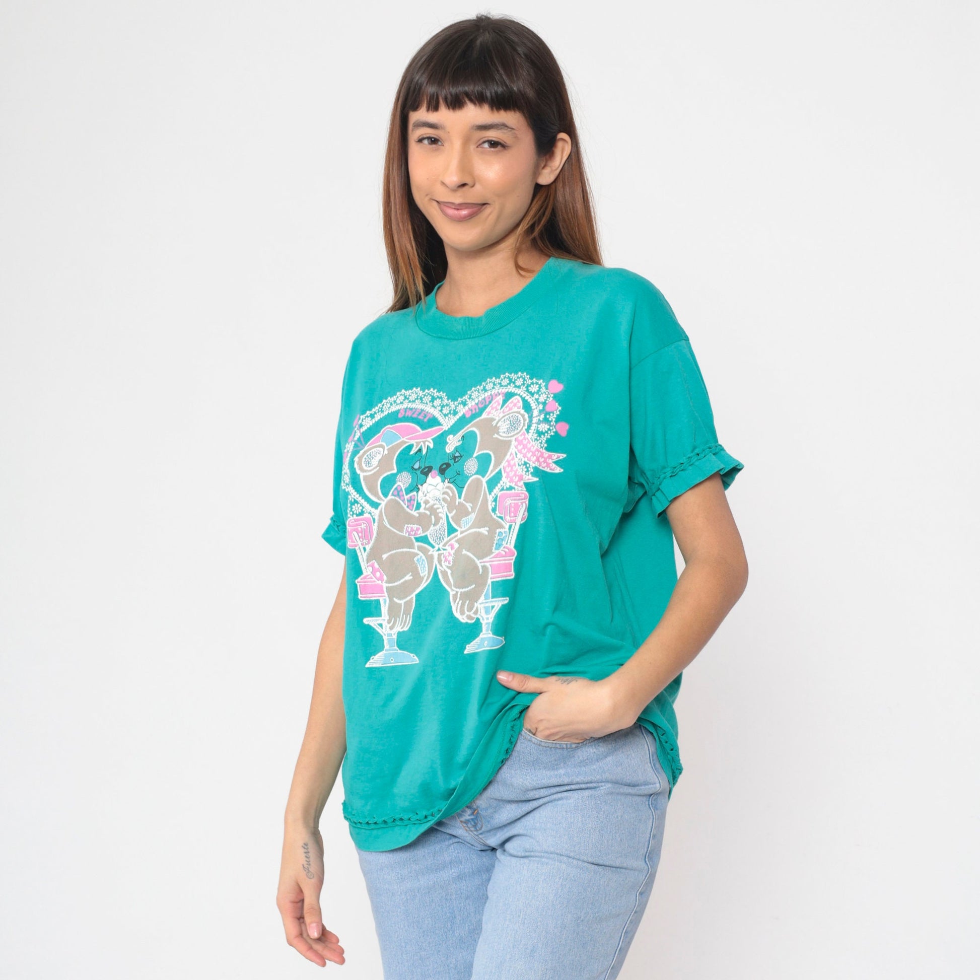 90s Bears in Love Ice Cream Graphic T-Shirt Teal Braided Trim Extra Large XL