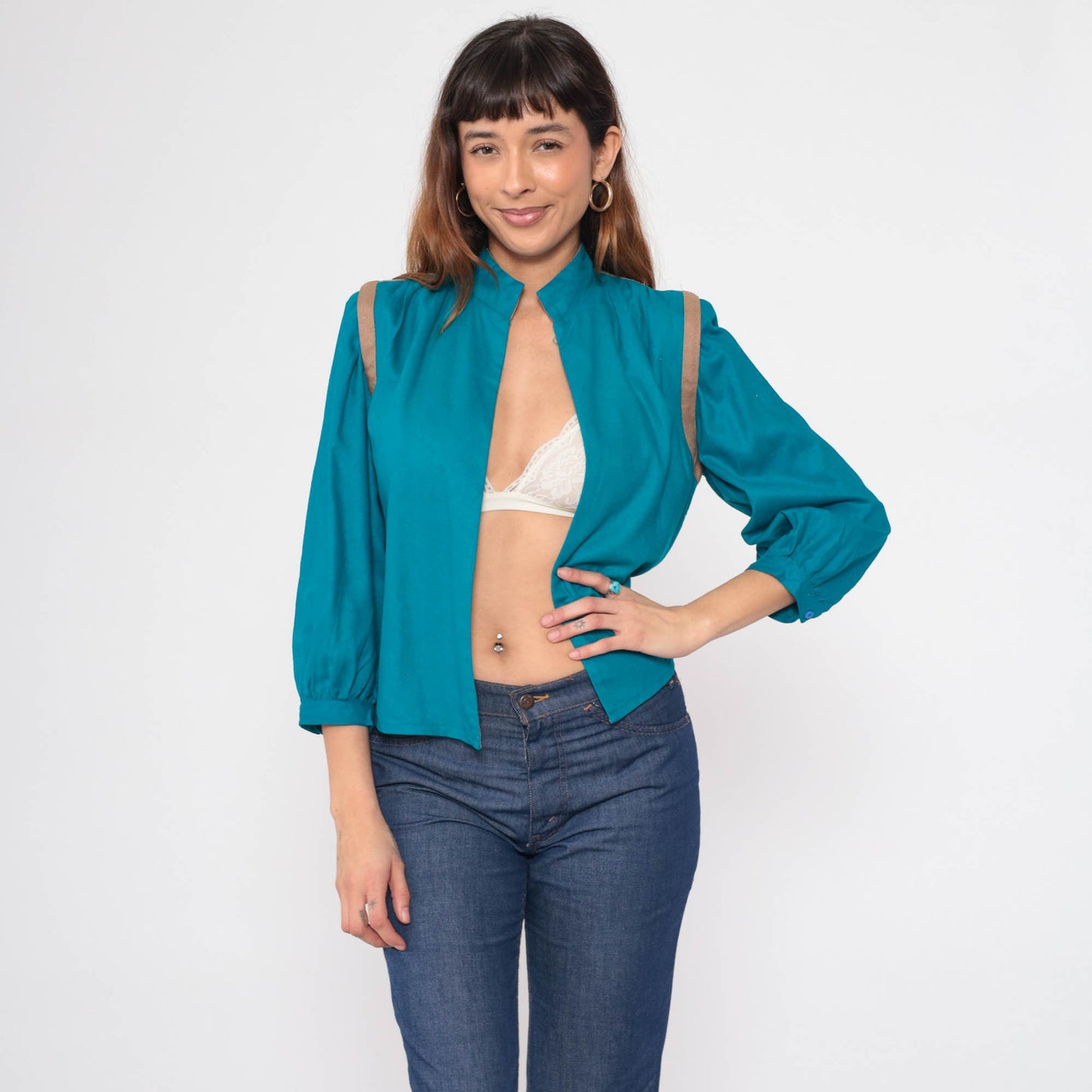 80s Teal Silk Noil Jacket Puff Sleeve Mandarin Collar Open Front Small
