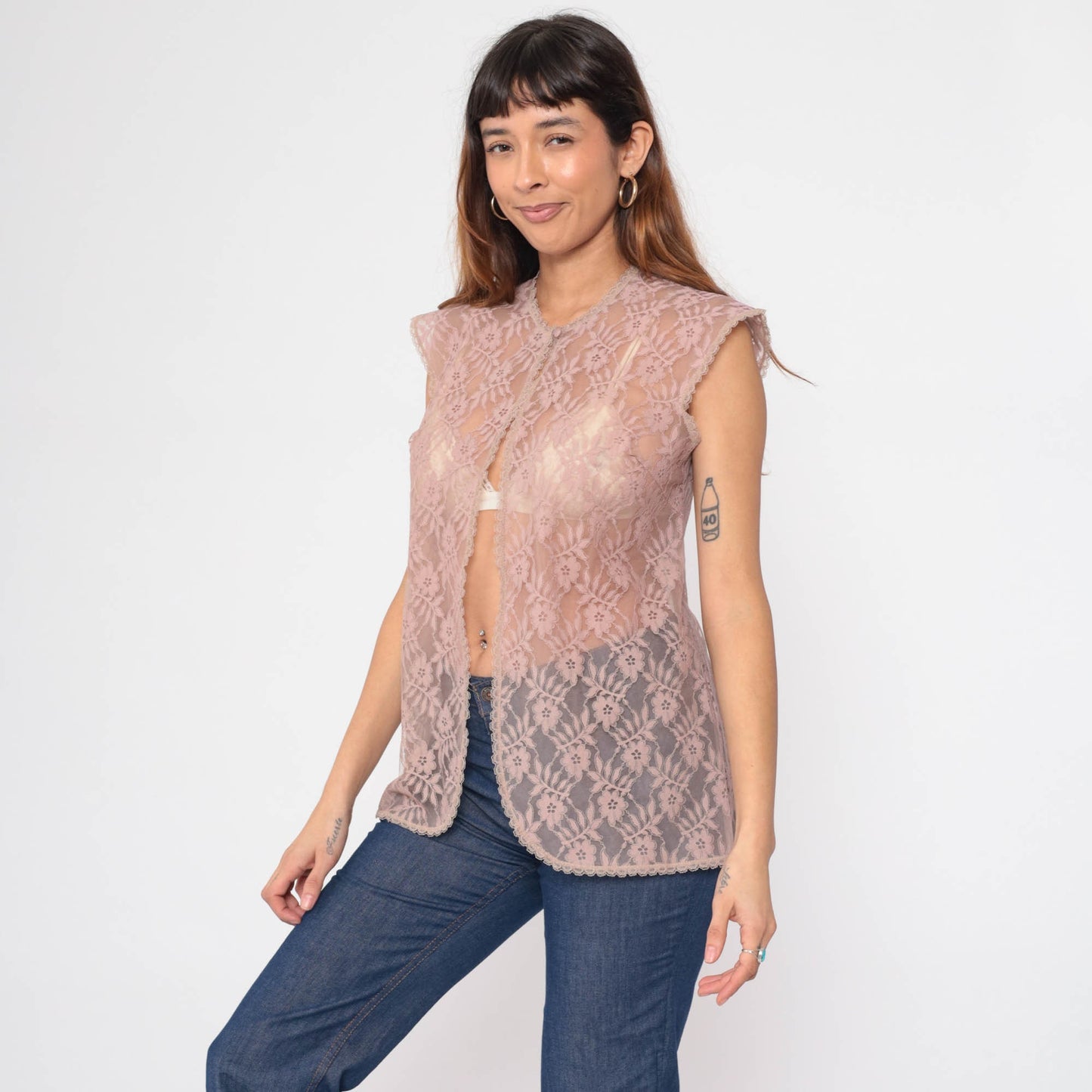 70s Mauve Lace Jacket Cap Sleeve Open Front Blouse Small S