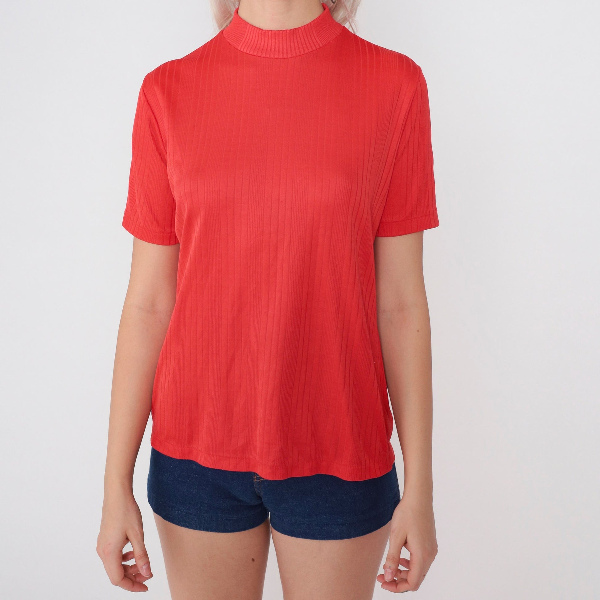 70s Red Mock Neck Ribbed Short Sleeve Blouse Small S