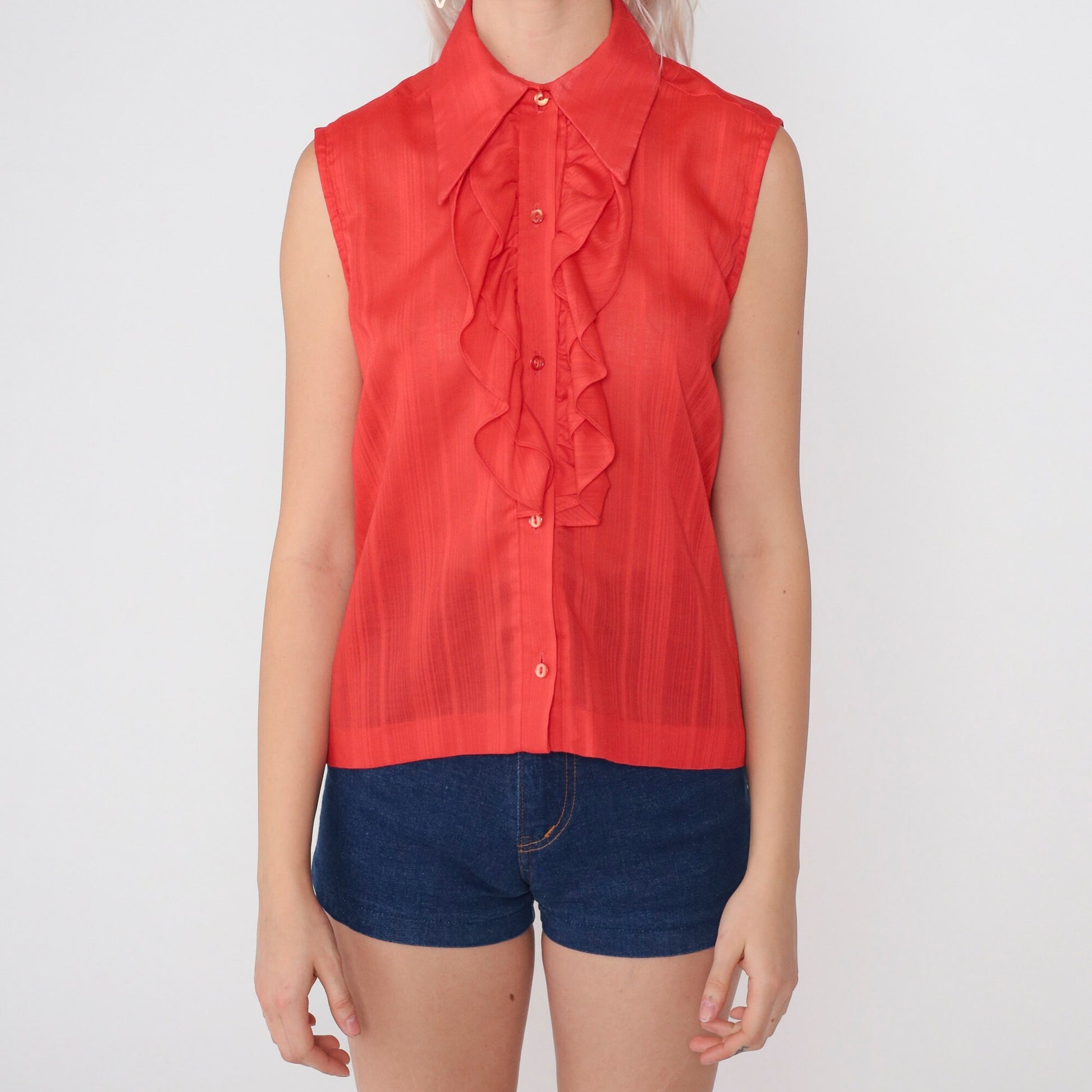 70s Red Striped Tank Top Dagger Collar Ruffle Front Button-Up Medium