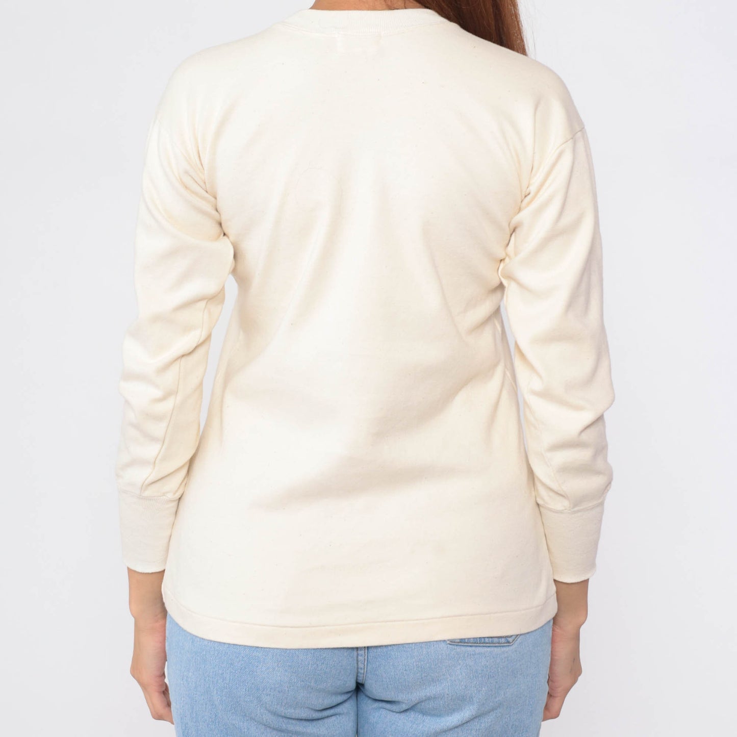 80s Cream Long Sleeve Crewneck T-Shirt Plain Layering Tee Small