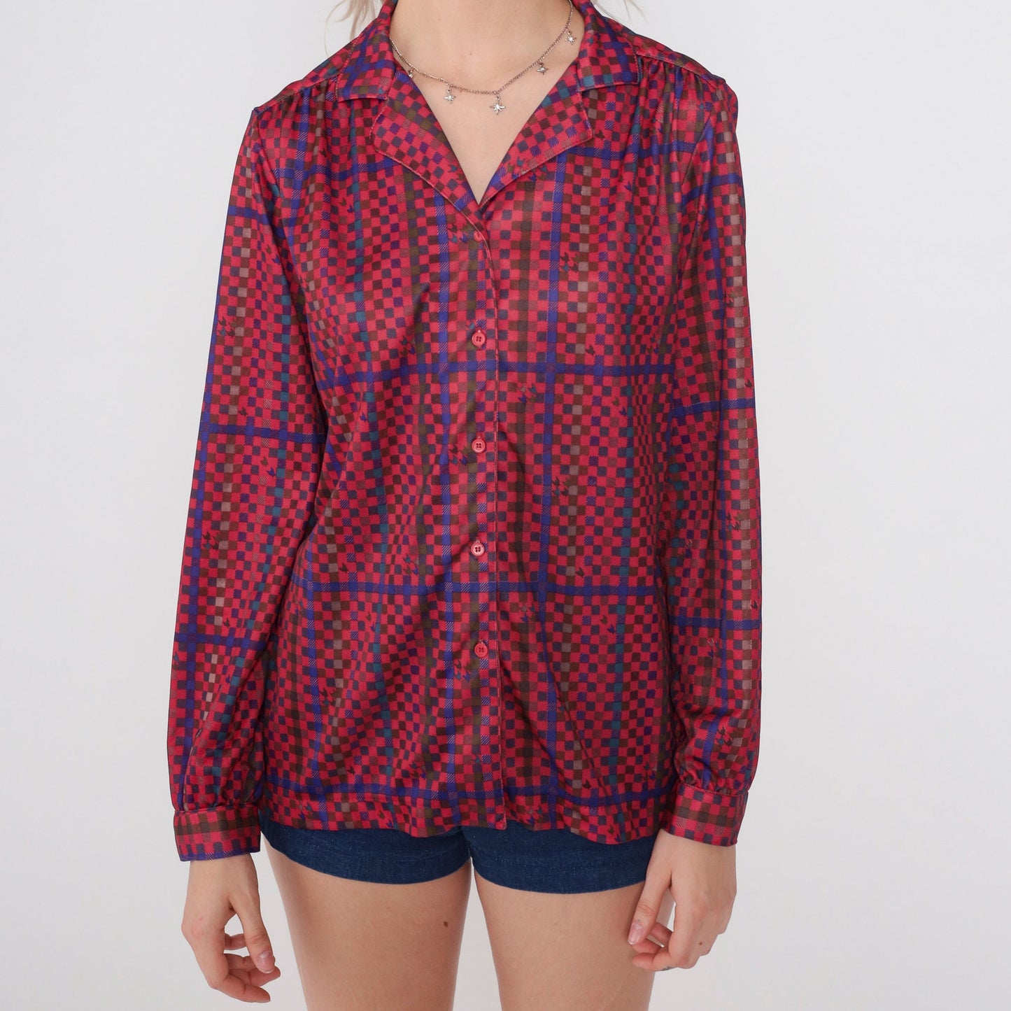 70s Checkered Button-Up Blouse Multicolor Long Sleeve Collared Shirt Medium