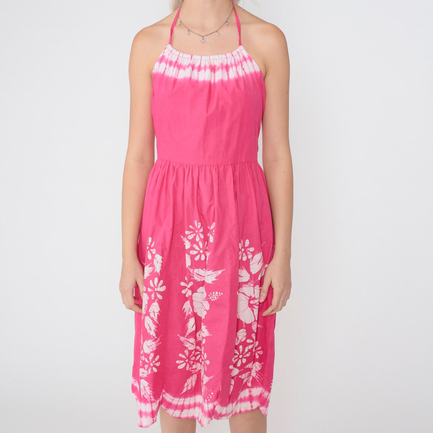 1950s Pink Floral Tie Dye Halter Sundress Open Back Midi Cotton Small