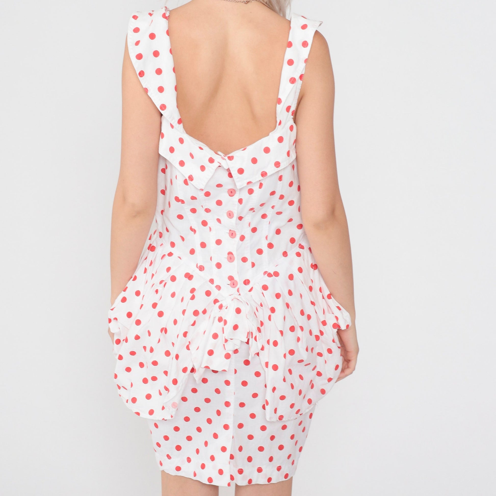 80s Karen Alexandra Polka Dot Mini Dress High Waist Peplum White Red Small