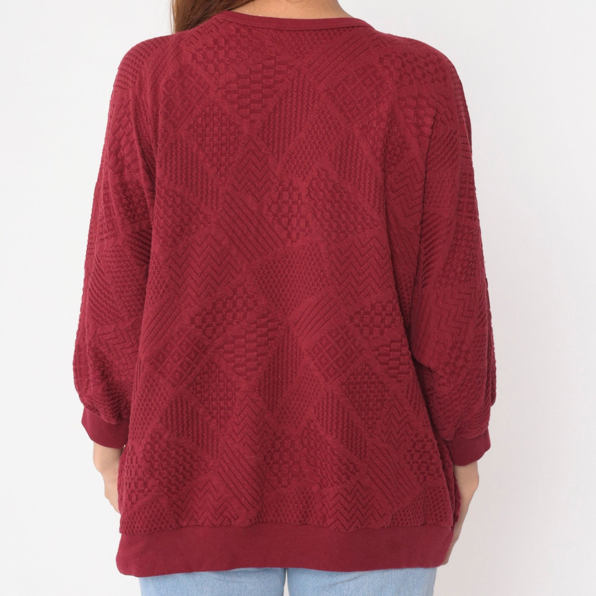80s Dolman Sleeve Patchwork Top Deep Red Textured Crewneck Extra Large XXL