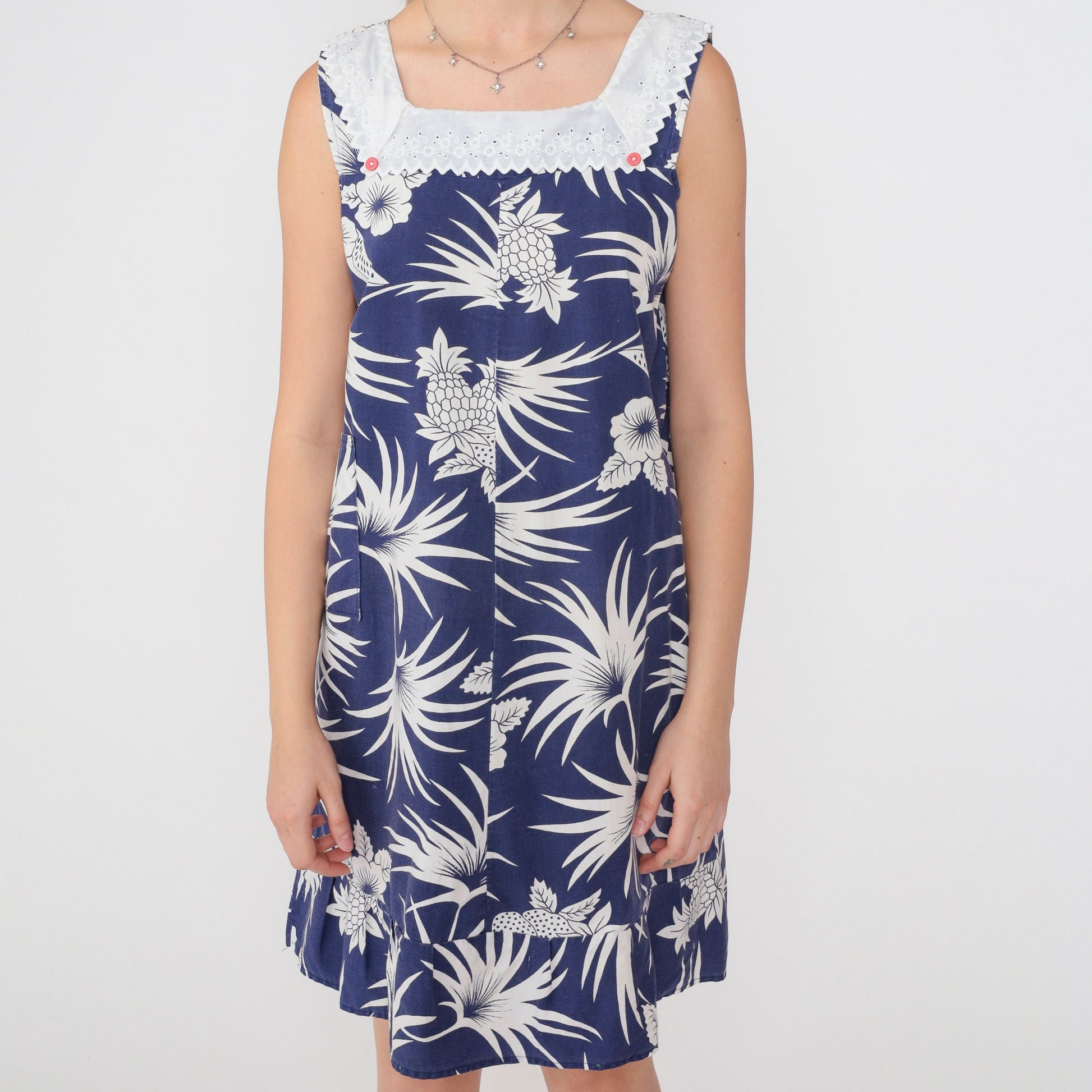 80s Hawaiian Tropical Mini Dress Blue Pineapple Leaf Print Eyelet Lace Small