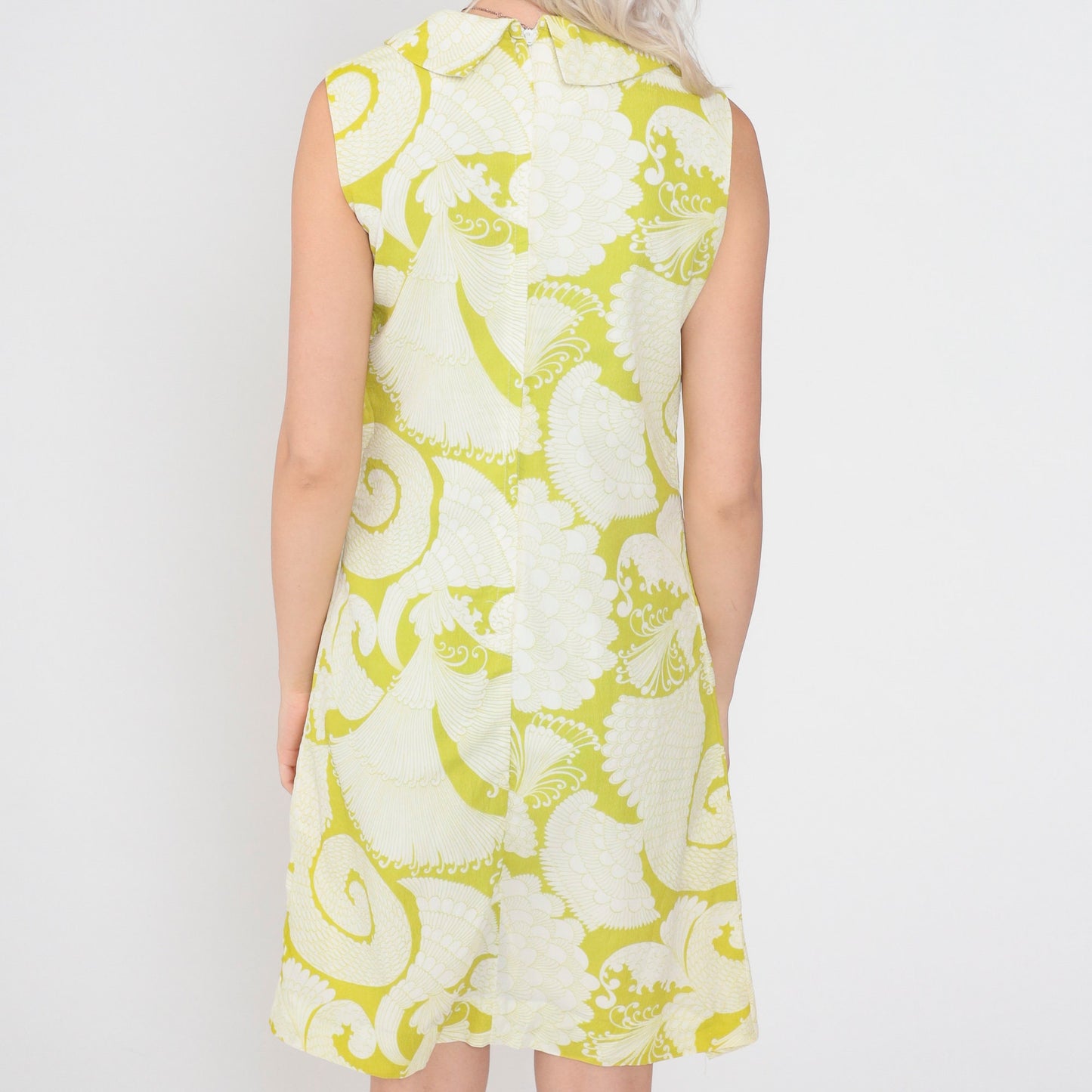 60s Mod Mini Dress Green Floral Tie Neck Sleeveless Shift Extra Small