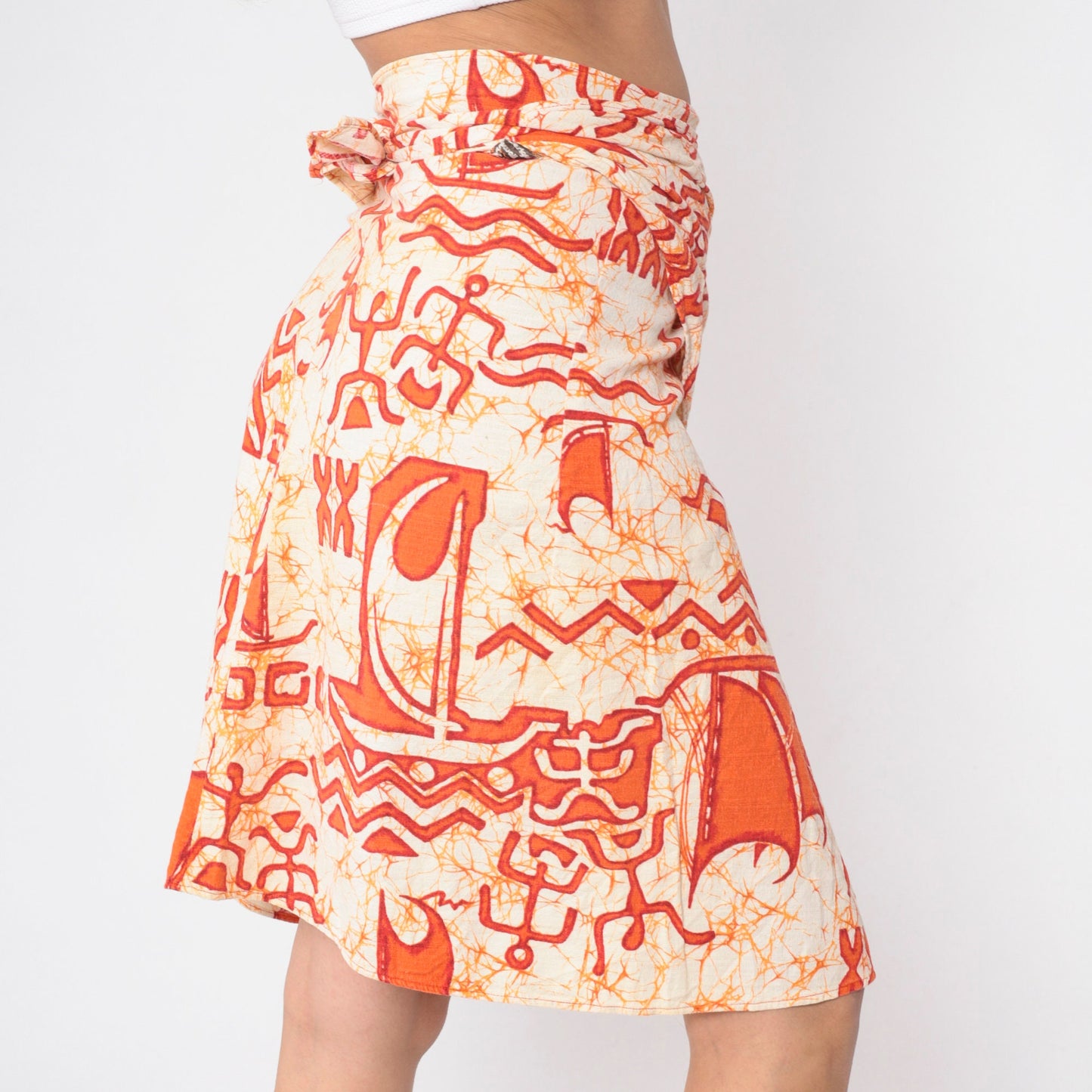 80s Wrap Mini Skirt Tie Dye Petroglyph Print Orange Cream Cotton Small