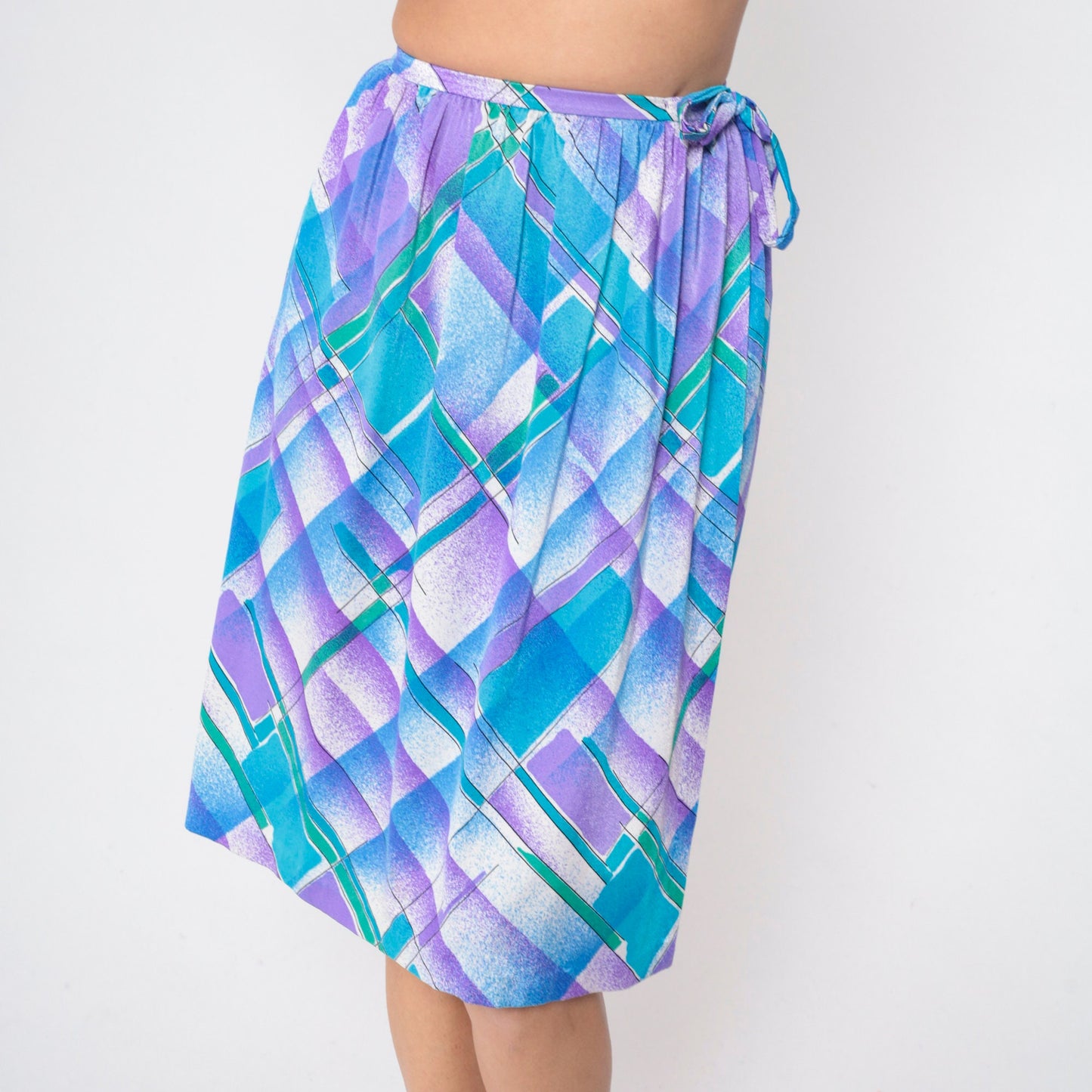 80s Checkered Knee Skirt Blue Purple White Plaid High Waist Tie Small