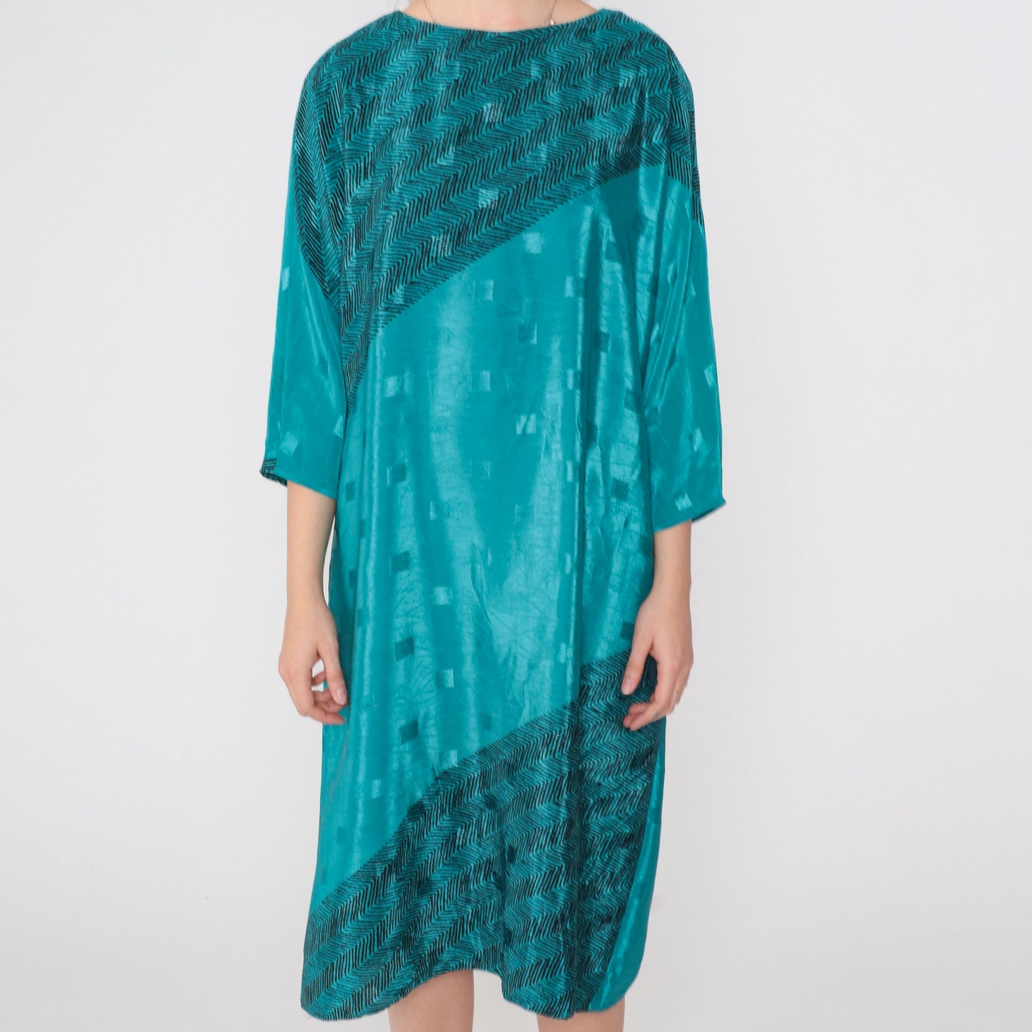 80s Brenner Petites Shiny Green Midi Dress Embossed Zigzag Half Sleeve Medium
