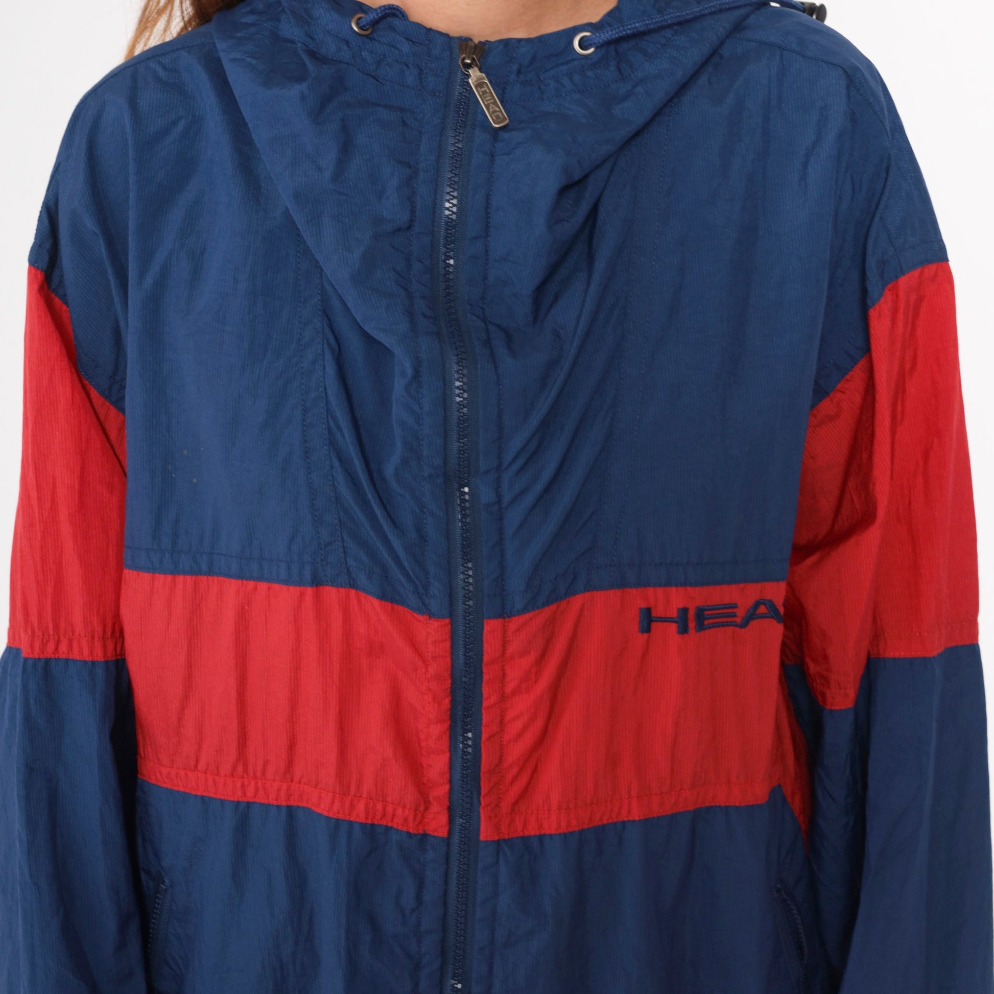 90s Head Hooded Windbreaker Navy Blue Red Color Block Large