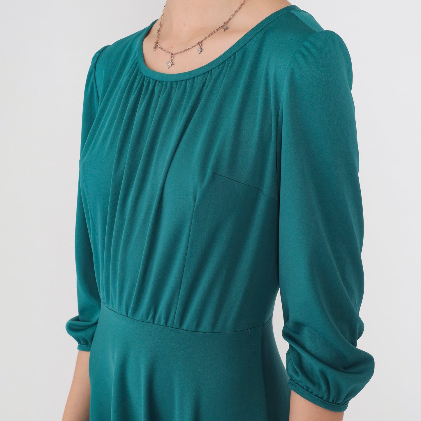 70s Teal Green Midi Dress High Waisted Puff Sleeve Pleated Medium
