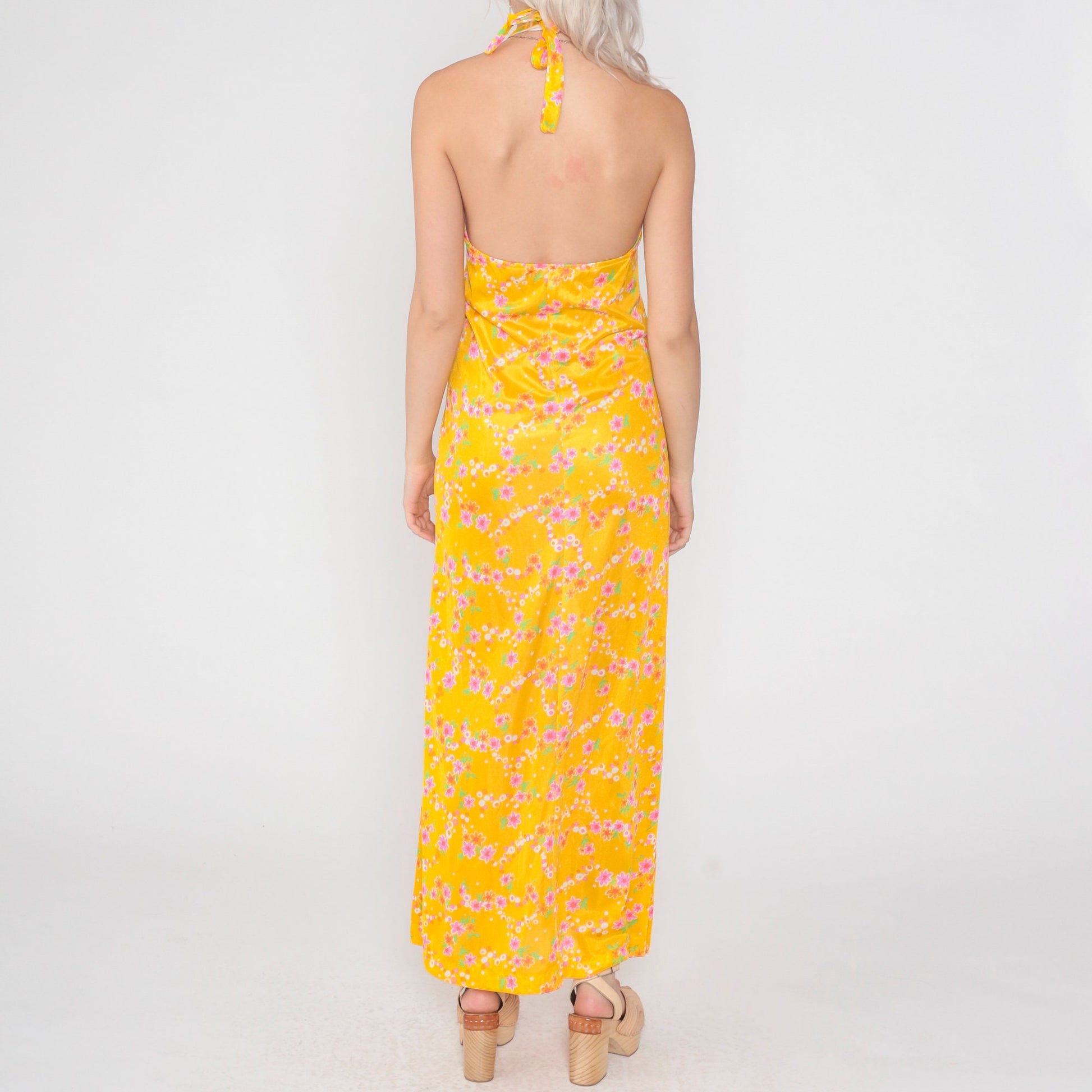 70s Yellow Floral Halter Maxi Dress Empire Waist Backless Extra Small