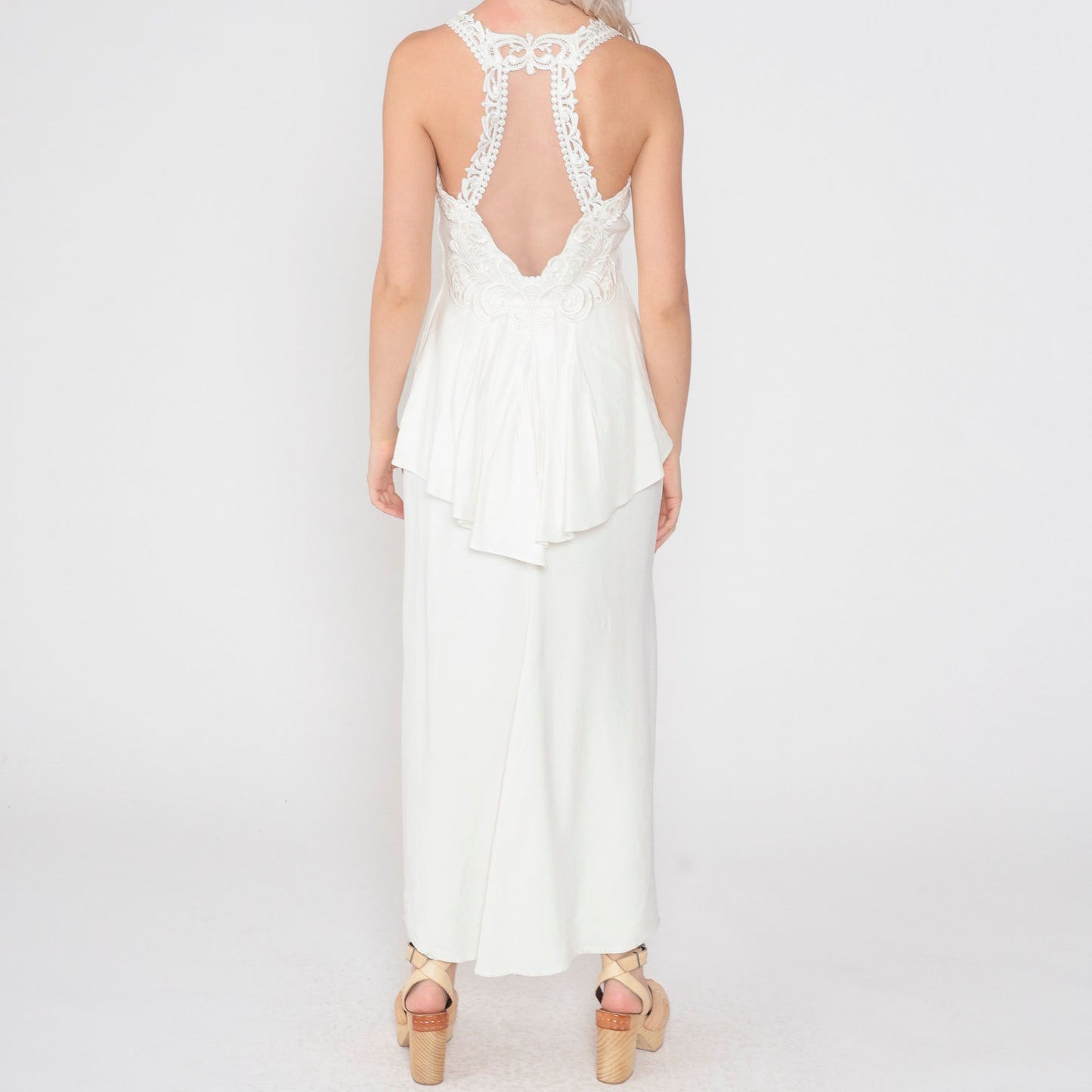 80s Scott McClintock White Maxi Dress Floral Lace Open Back Peplum Small