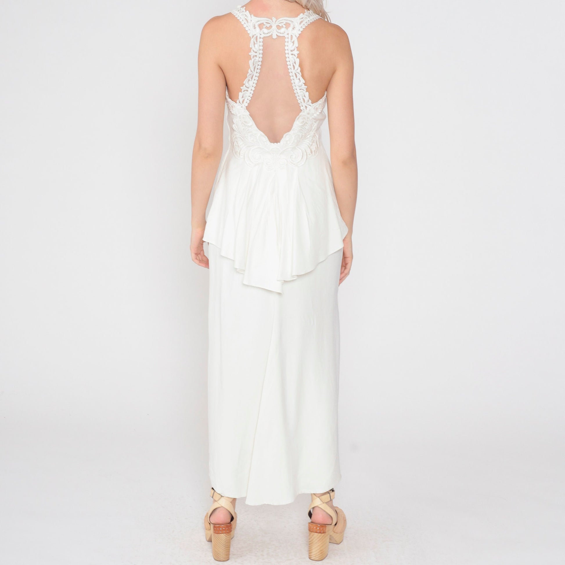 80s Scott McClintock White Maxi Dress Floral Lace Open Back Peplum Small
