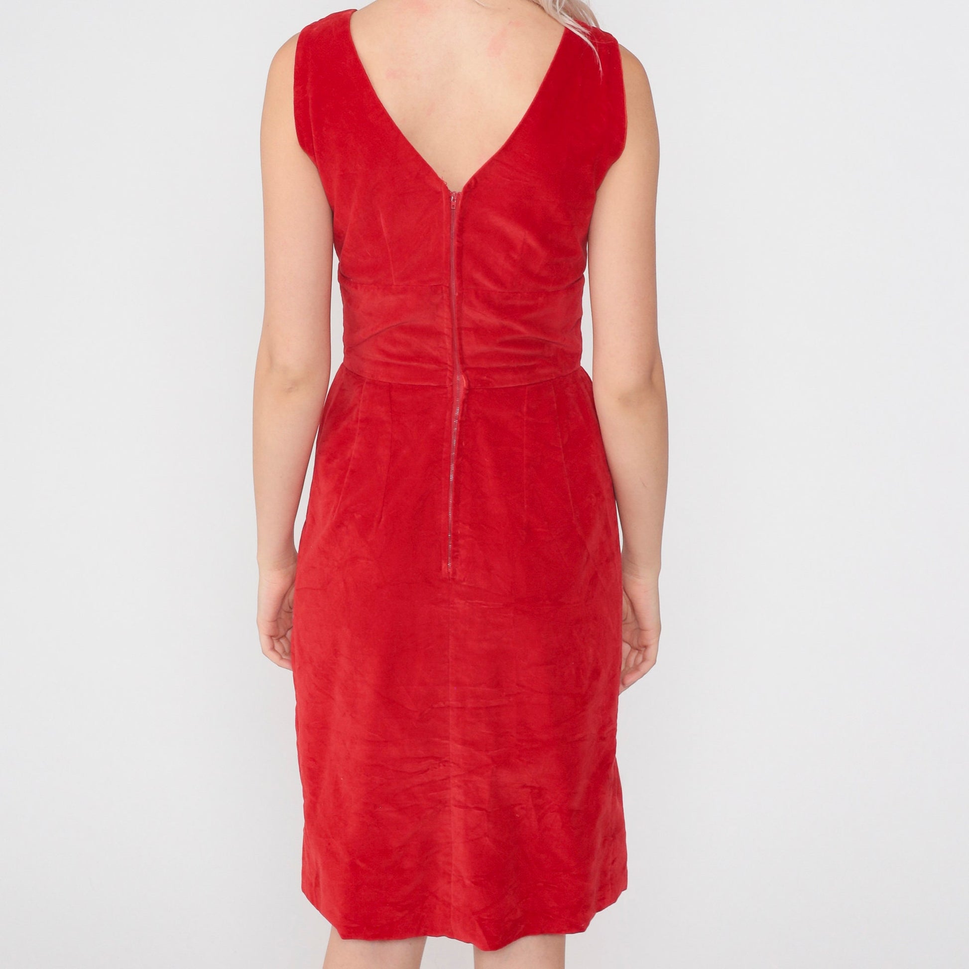 60s Red Velvet Mini Dress Empire Waist V-Neck Sleeveless Extra Small