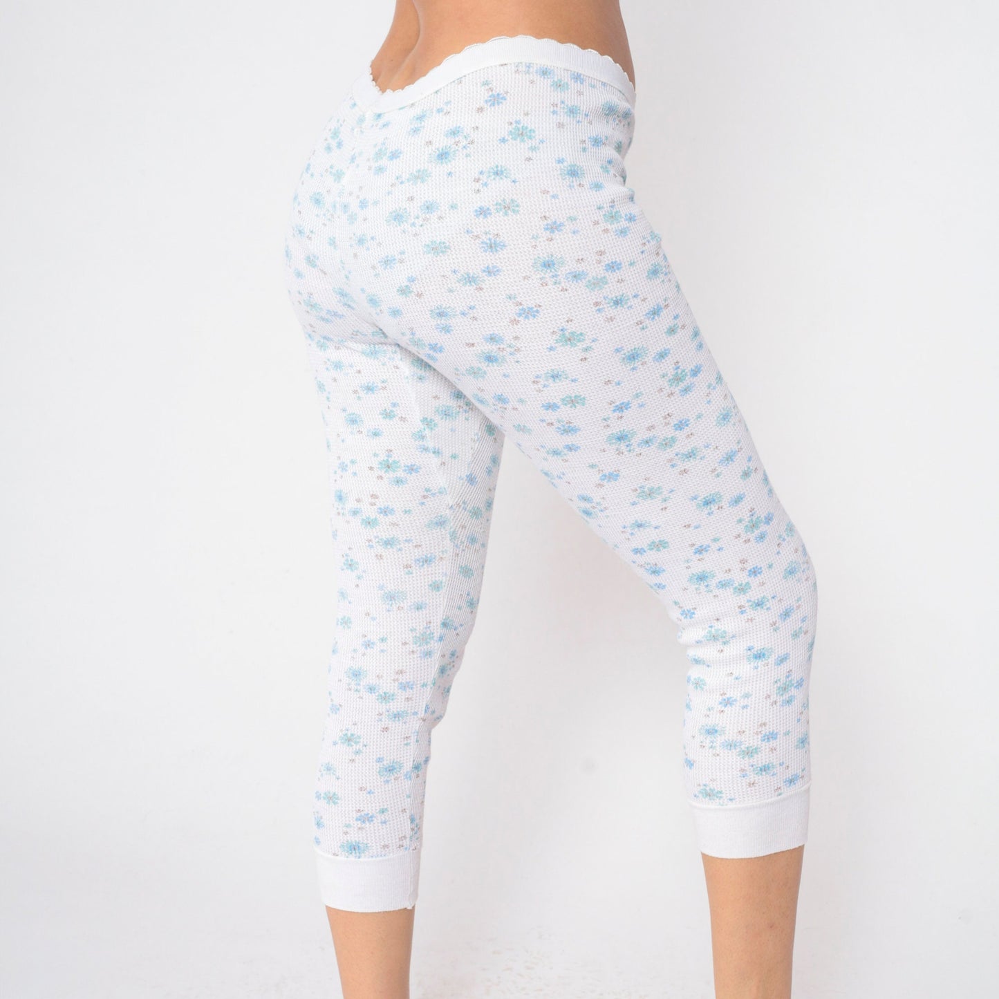 80s Floral Waffle Knit Thermal Capri Pants White Blue Print Medium