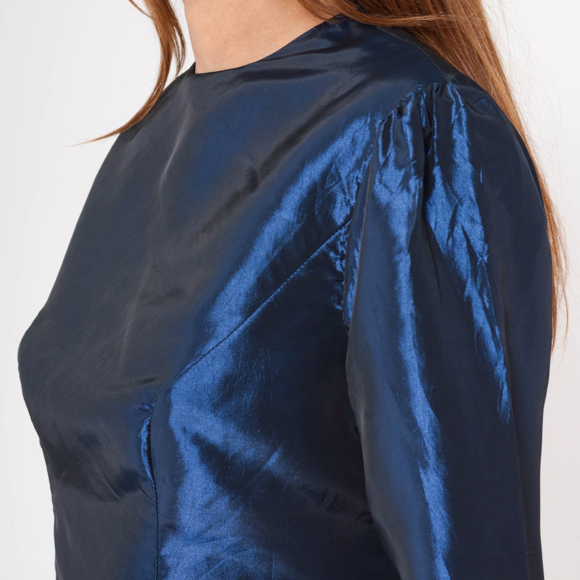 80s Metallic Blue Taffeta Blouse Puff Sleeve Fitted Party Top Medium
