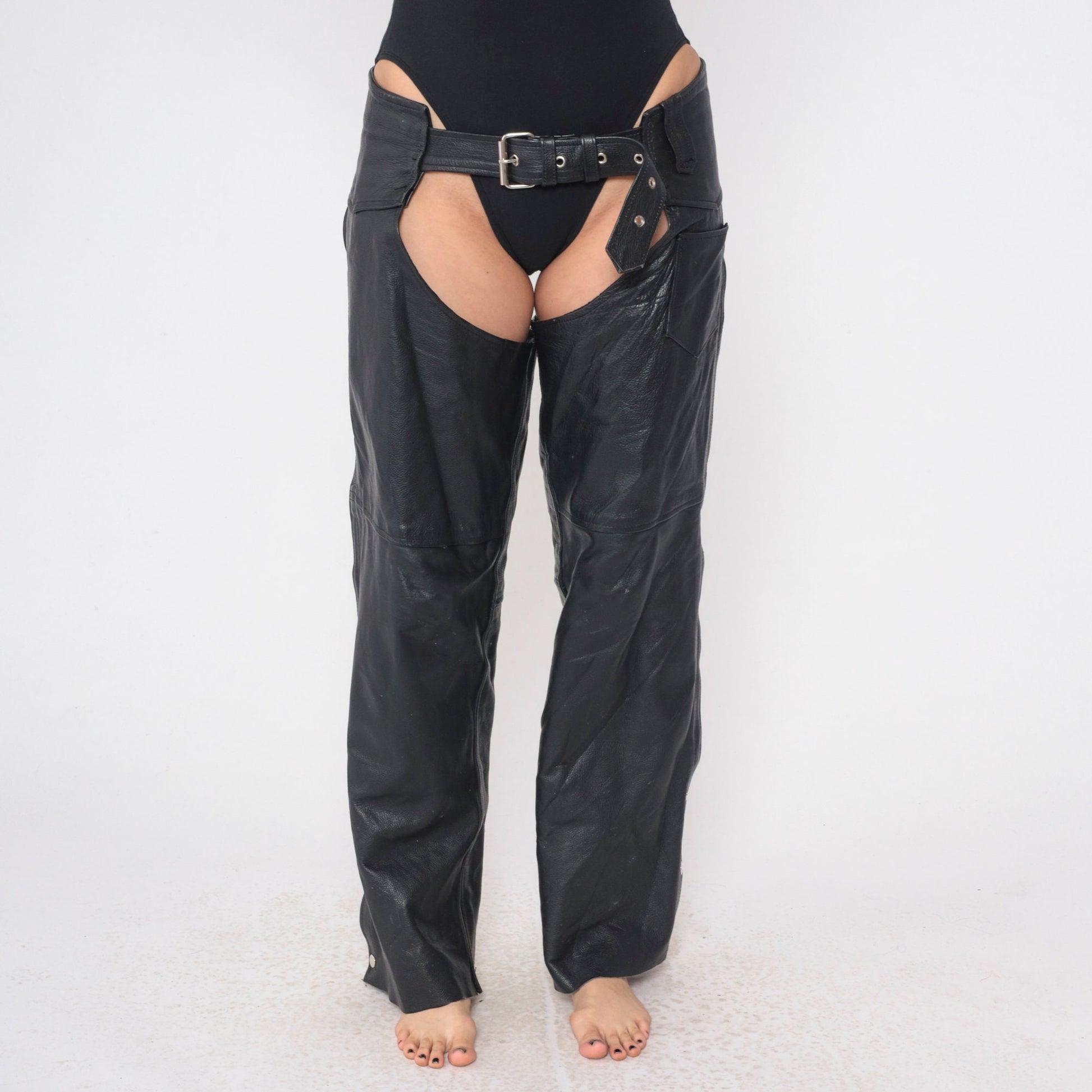 90s Black Leather Assless Chaps Buckle Front Zipper Snap Extra Large XXL