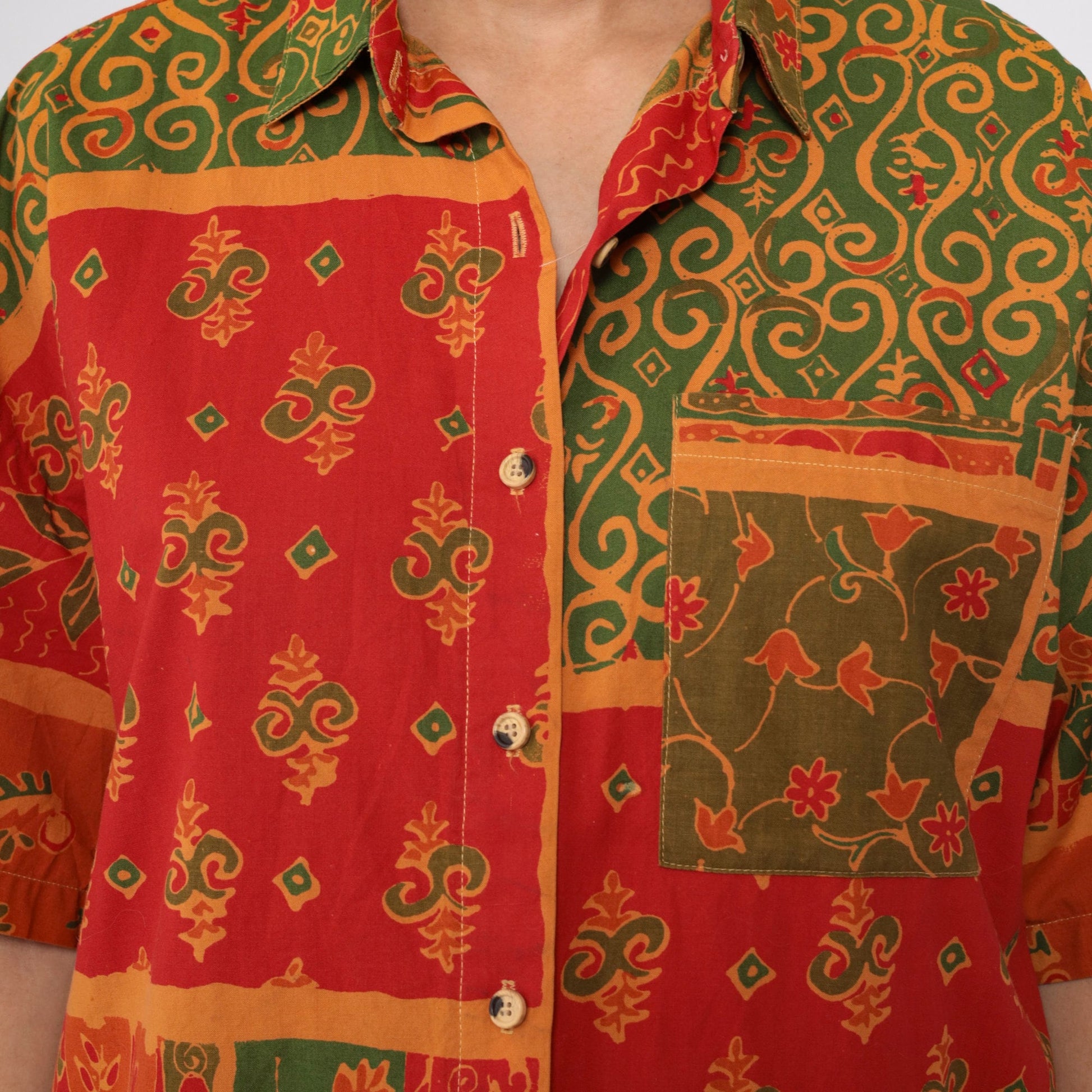 90s Indian Floral Button-Up Shirt Cotton Short Sleeve Collared Top Large
