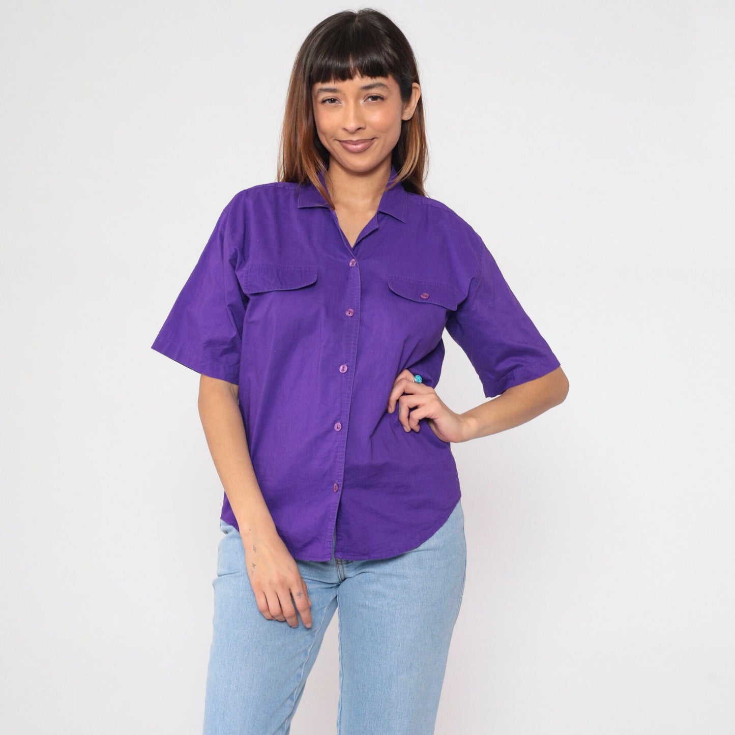 90s Karen Scott Purple Cotton Button-Up Blouse Short Sleeve Chest Pocket Medium