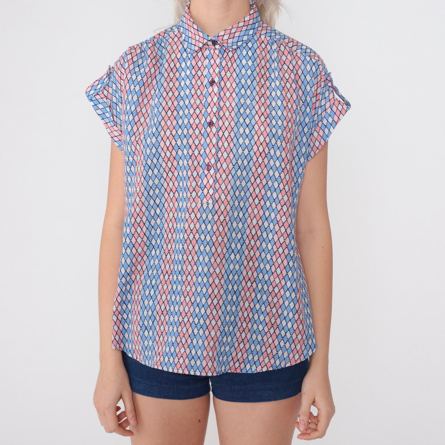 80s Diamond Print Half-Button Blouse Pink Blue White Cap Sleeve Medium M
