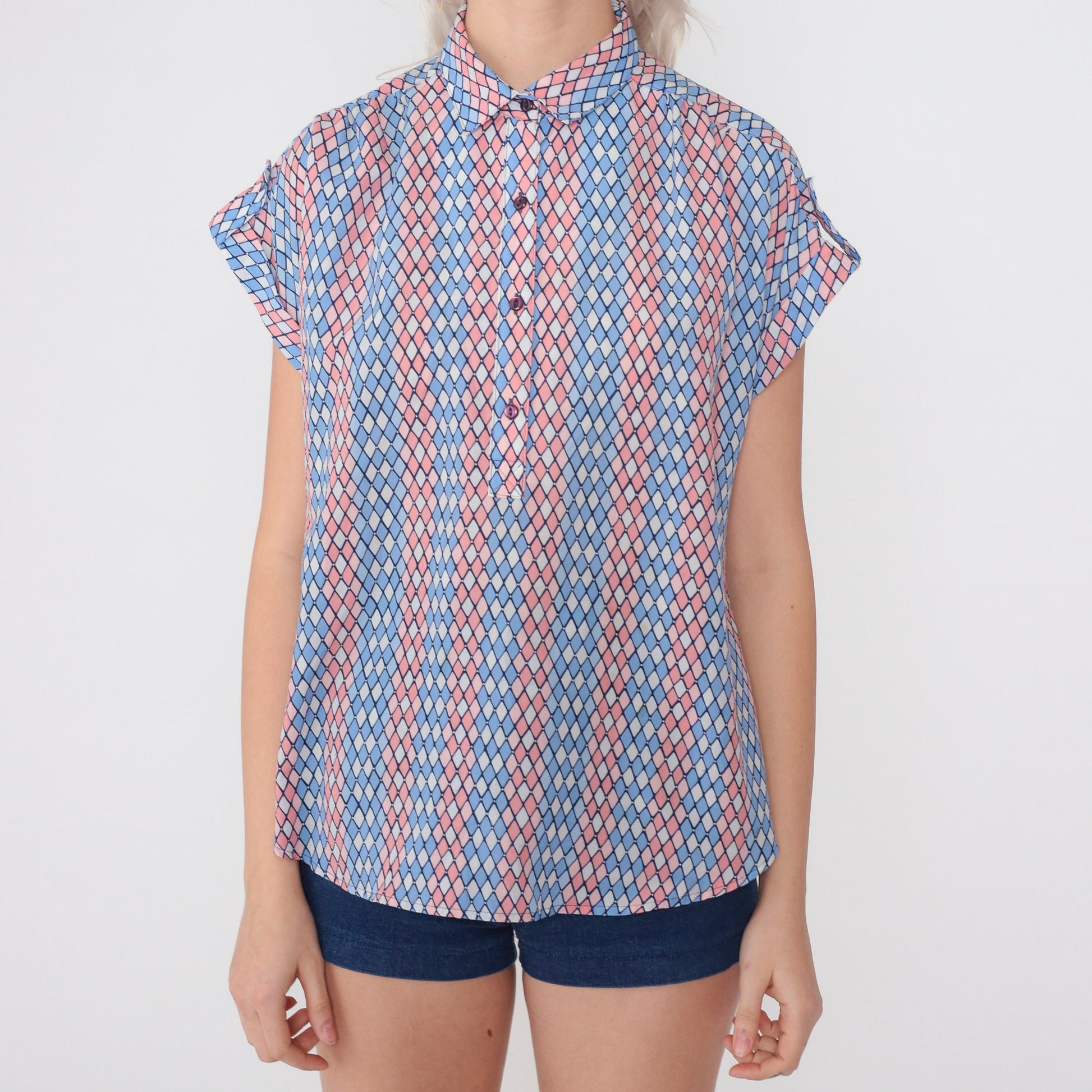 80s Diamond Print Half-Button Blouse Pink Blue White Cap Sleeve Medium M