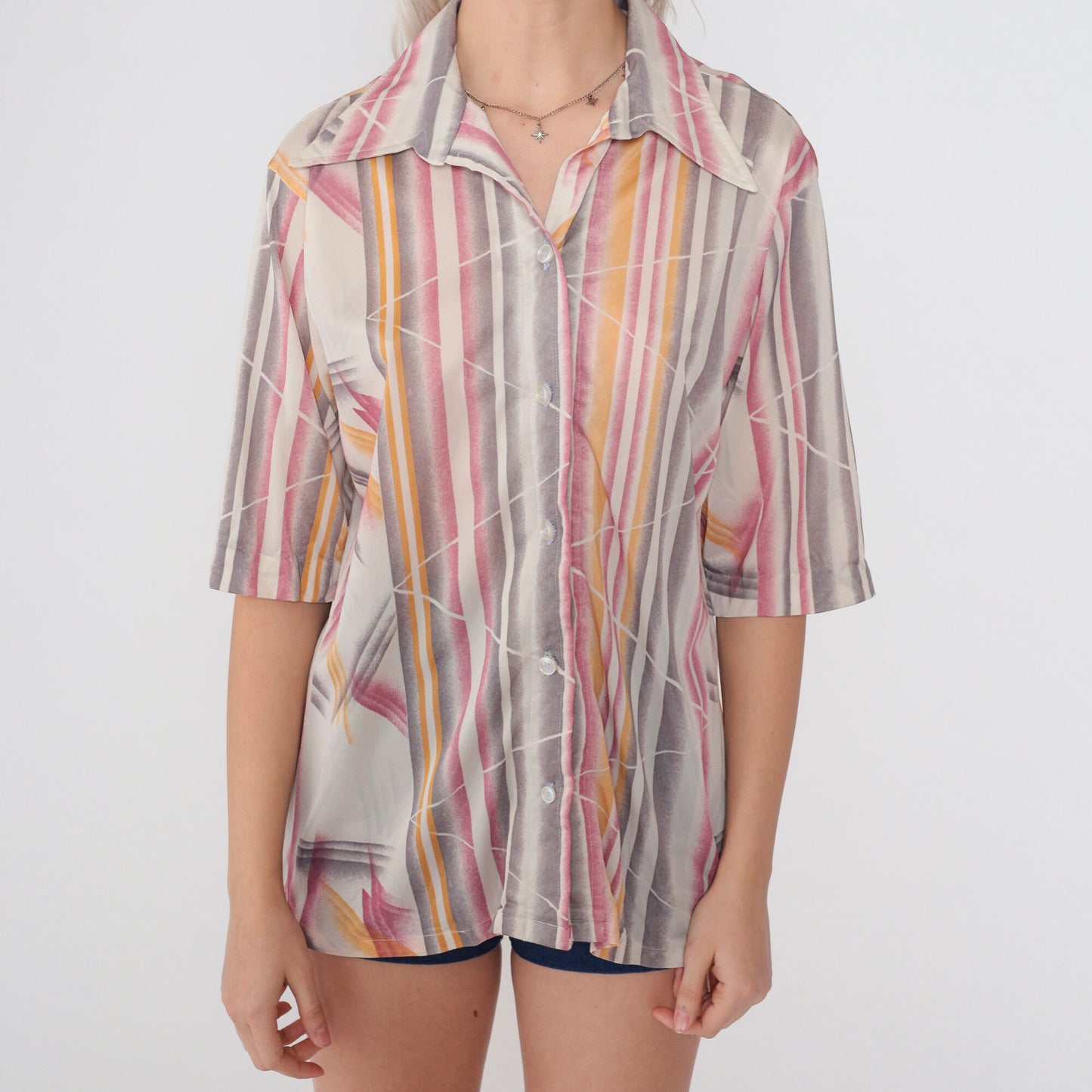70s Abstract Striped Button-Up Blouse Short Sleeve Pointed Collar Disco Large