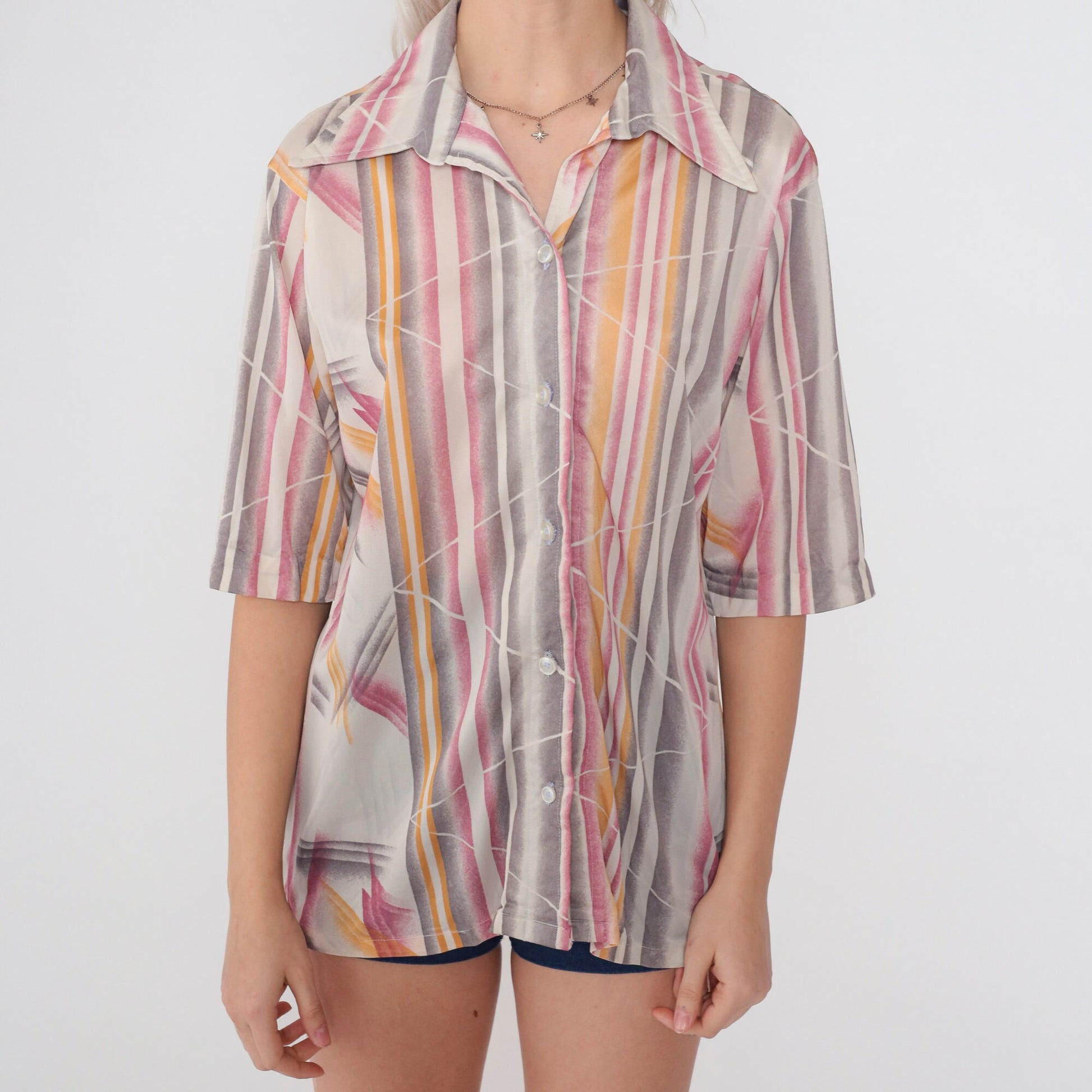 70s Abstract Striped Button-Up Blouse Short Sleeve Pointed Collar Disco Large